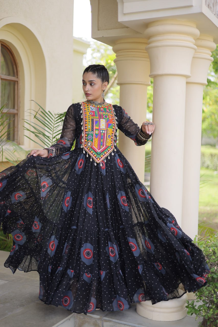 Navratri Special Bandhani Print Gown with Kutchi Patchwork