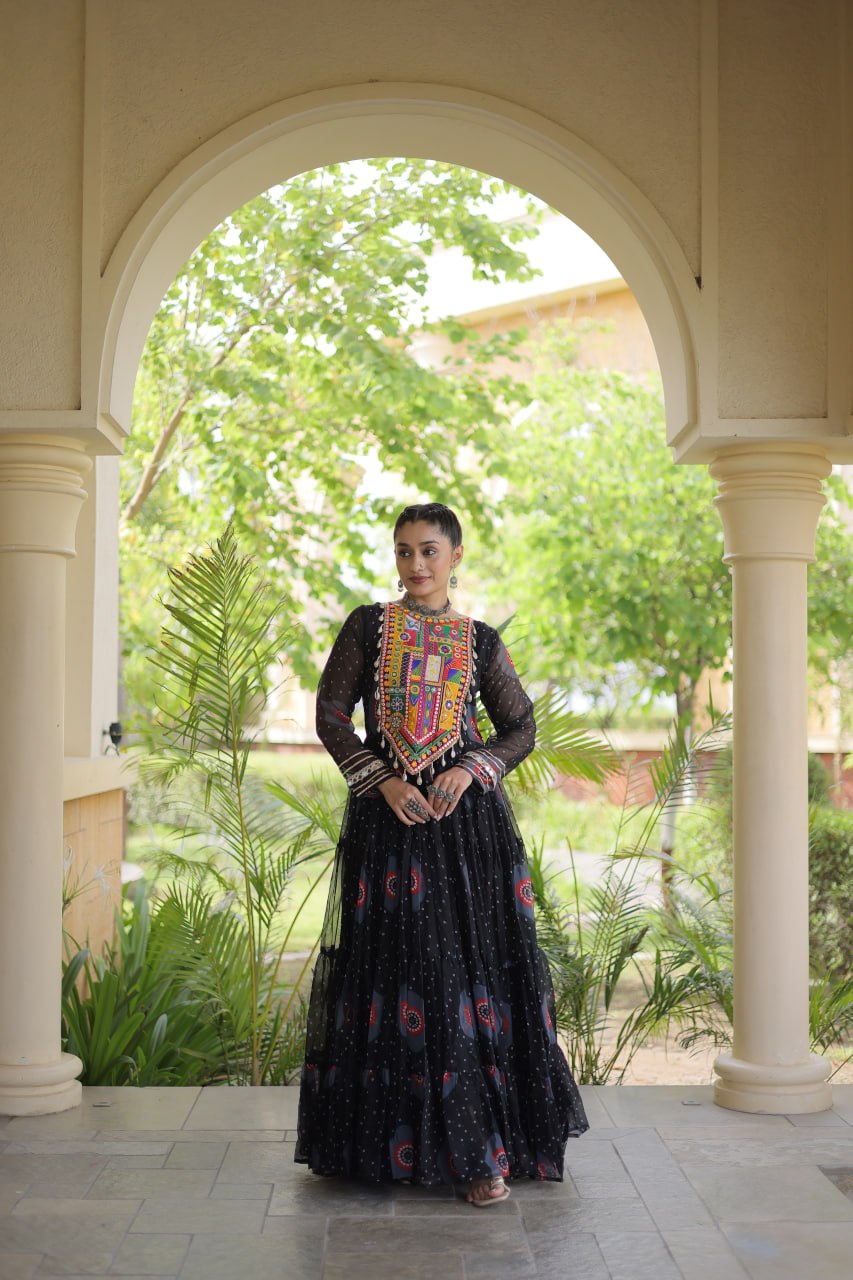 Navratri Special Bandhani Print Gown with Kutchi Patchwork