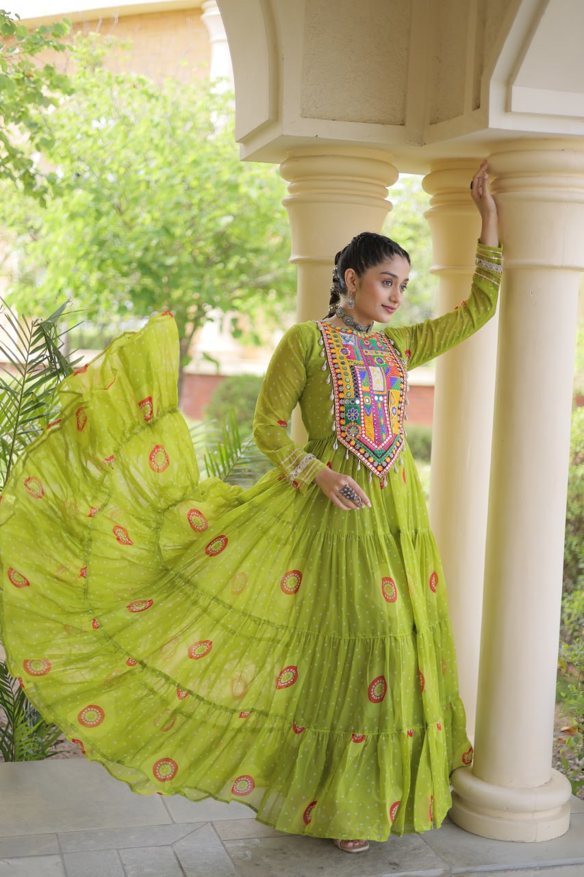 Navratri Special Bandhani Print Gown with Kutchi Patchwork