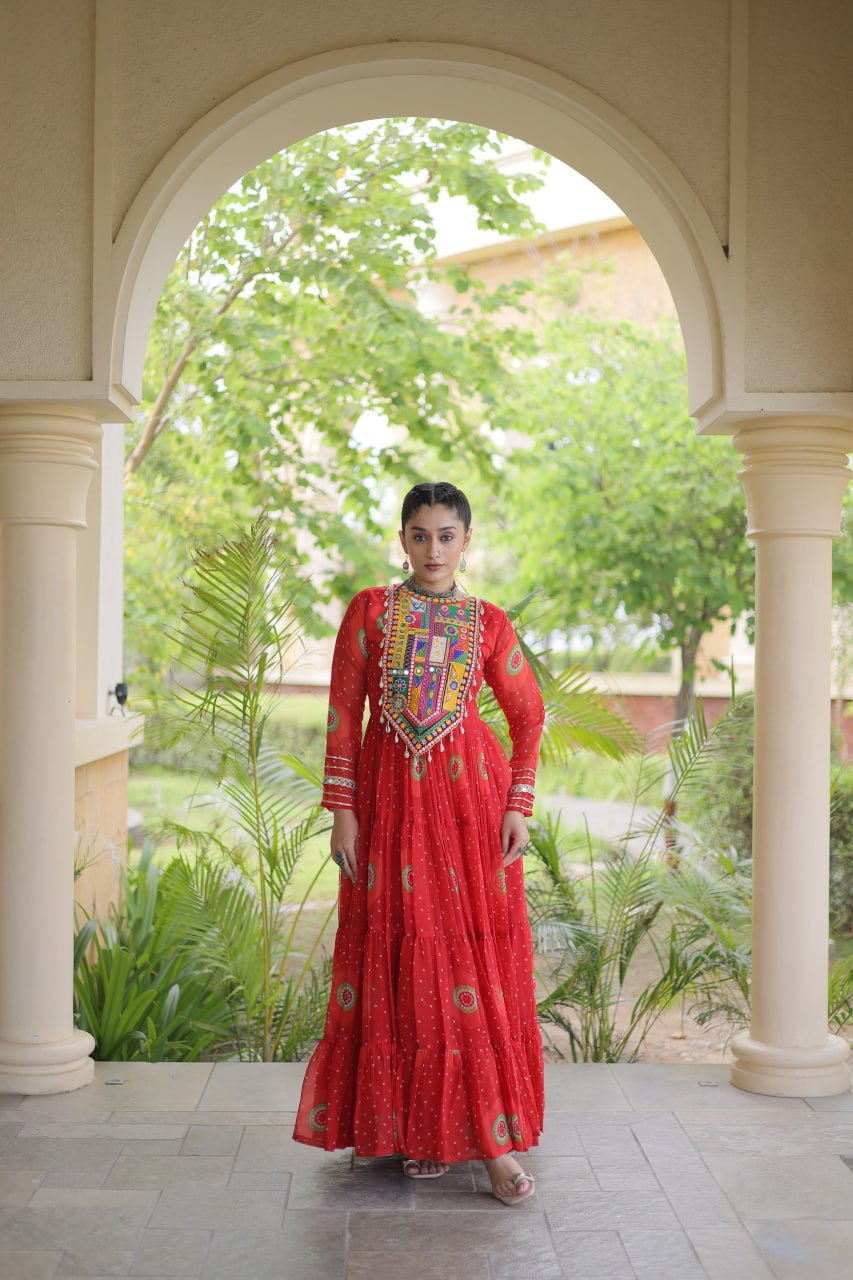 Navratri Special Bandhani Print Gown with Kutchi Patchwork