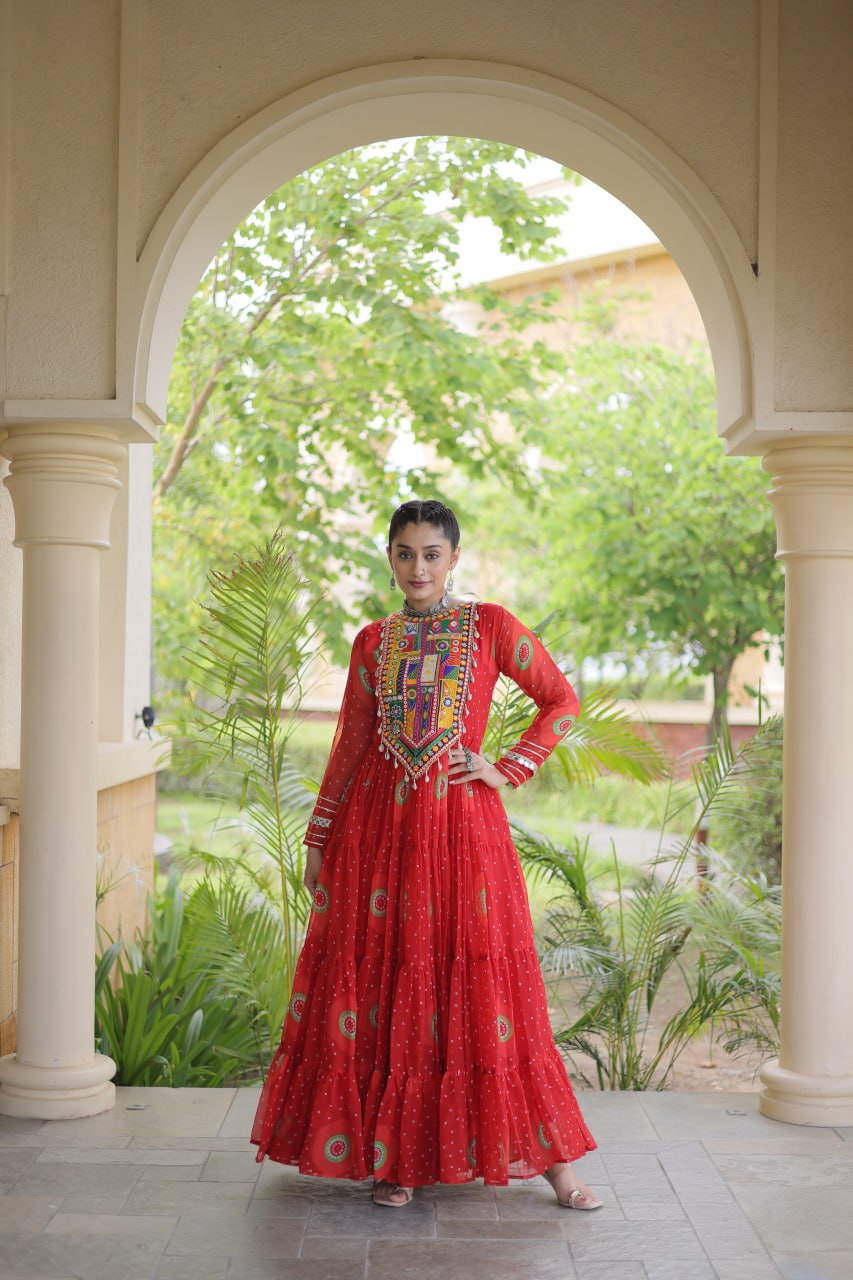 Navratri Special Bandhani Print Gown with Kutchi Patchwork