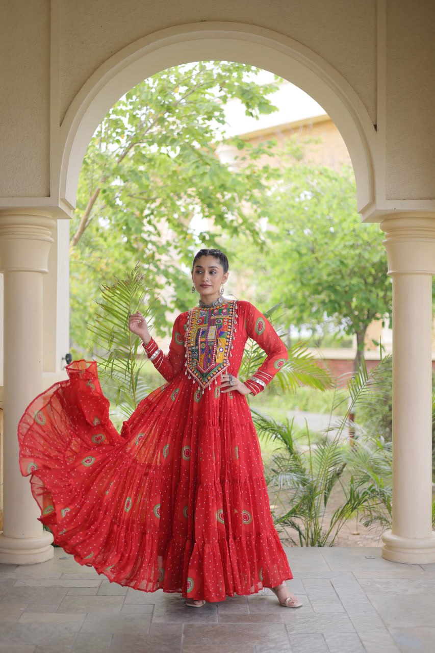 Navratri Special Bandhani Print Gown with Kutchi Patchwork