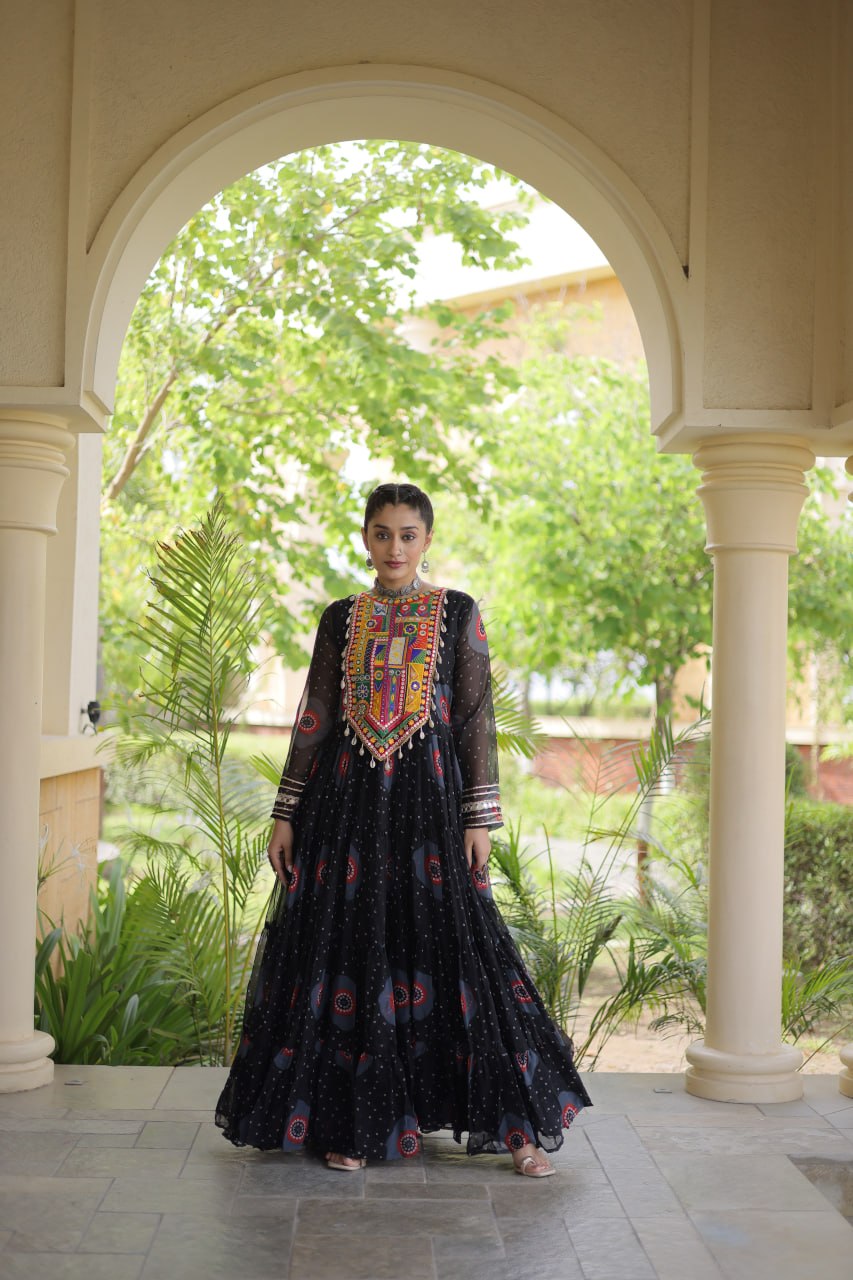 Navratri Special Bandhani Print Gown with Kutchi Patchwork