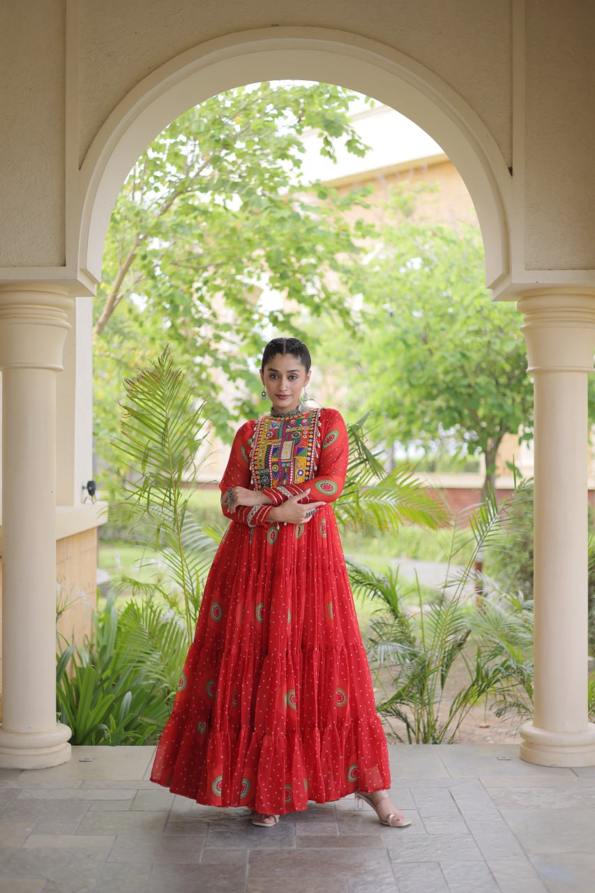 Navratri Special Bandhani Print Gown with Kutchi Patchwork