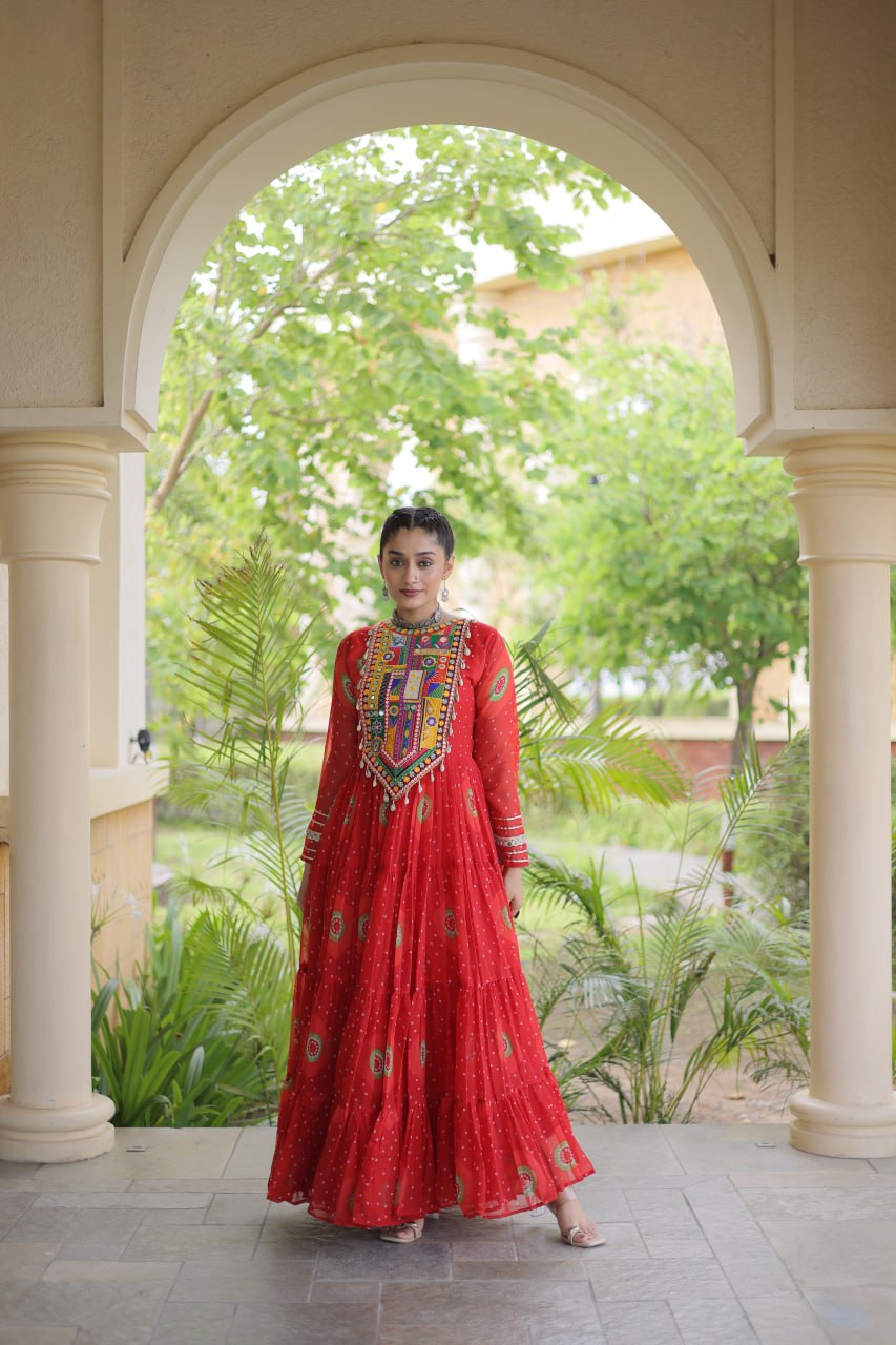 Navratri Special Bandhani Print Gown with Kutchi Patchwork