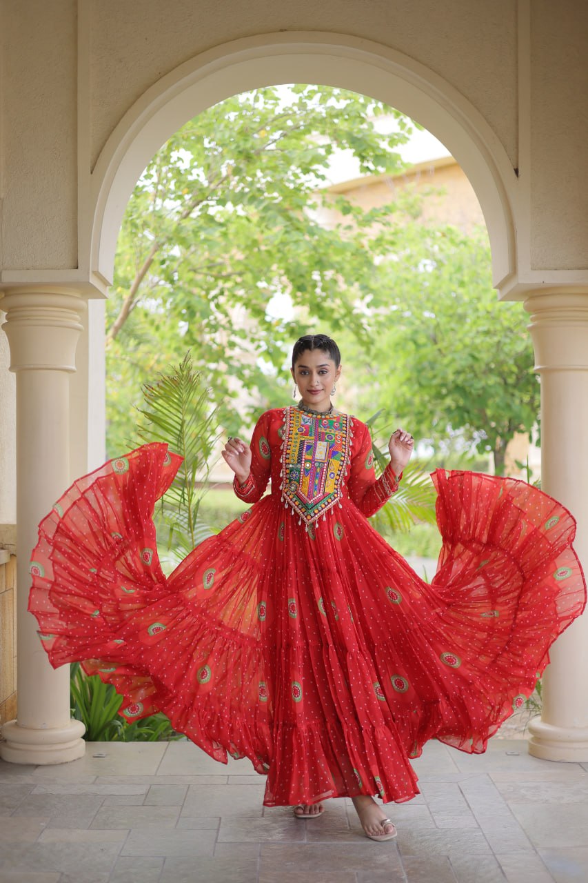 Navratri Special Bandhani Print Gown with Kutchi Patchwork