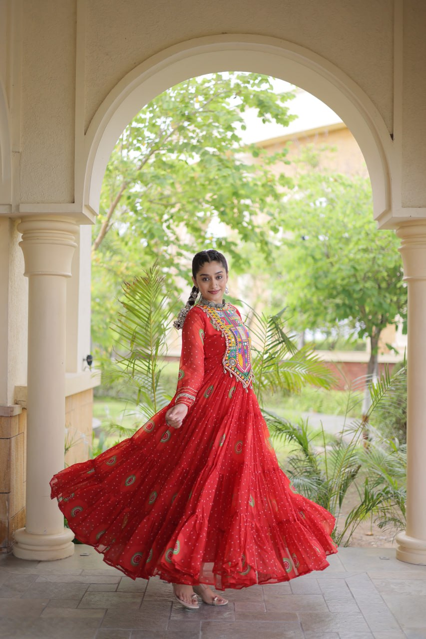 Navratri Special Bandhani Print Gown with Kutchi Patchwork