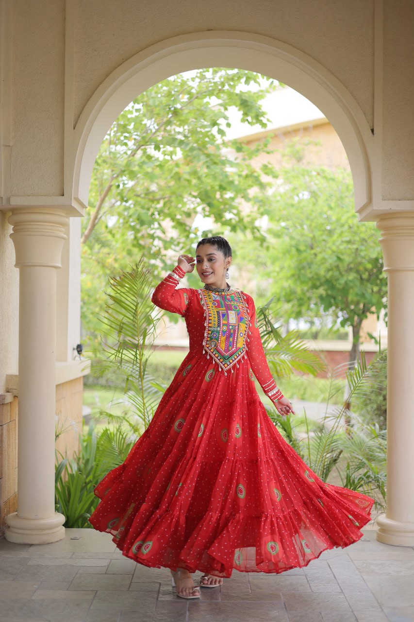 Navratri Special Bandhani Print Gown with Kutchi Patchwork