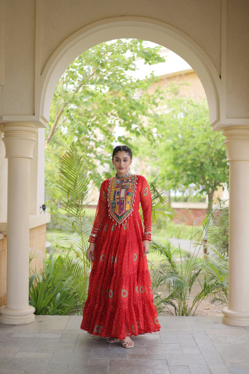 Navratri Special Bandhani Print Gown with Kutchi Patchwork