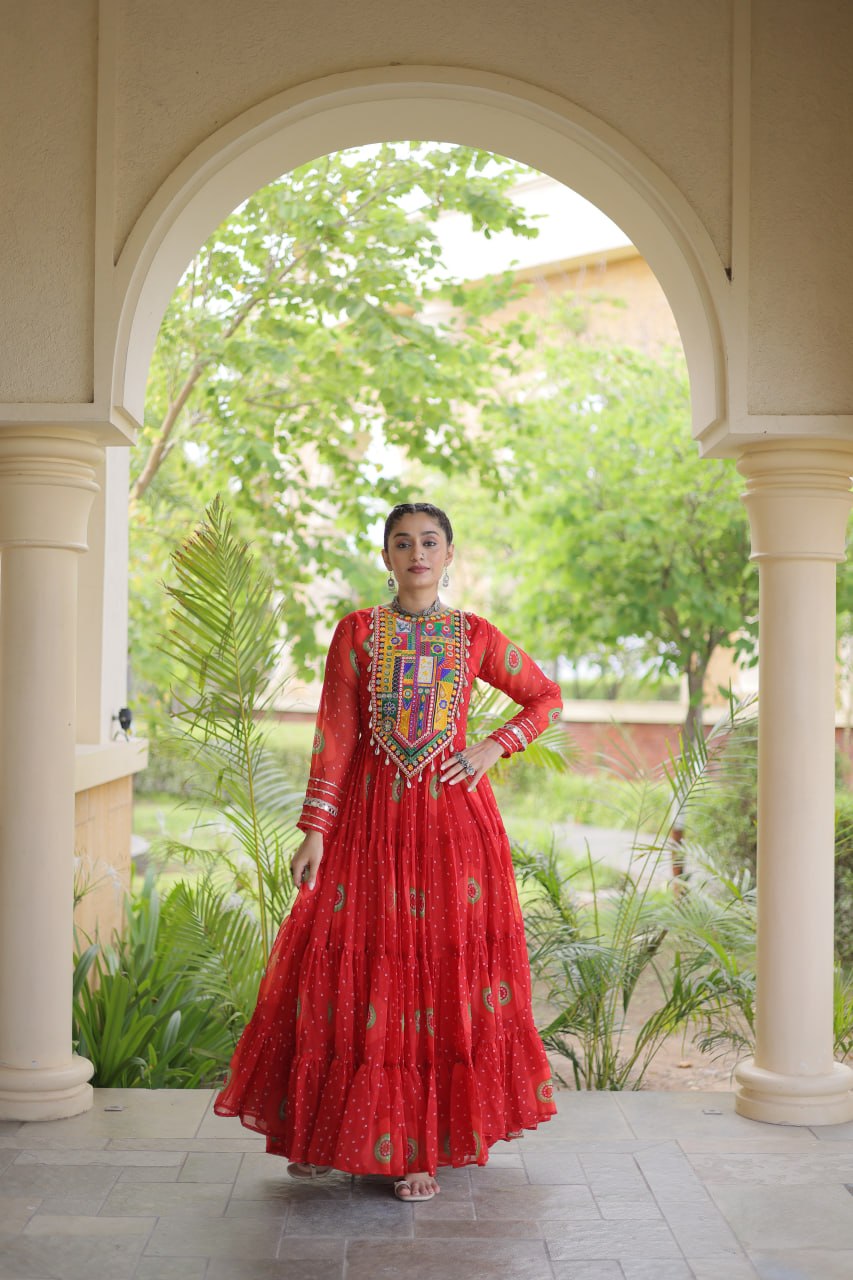 Navratri Special Bandhani Print Gown with Kutchi Patchwork