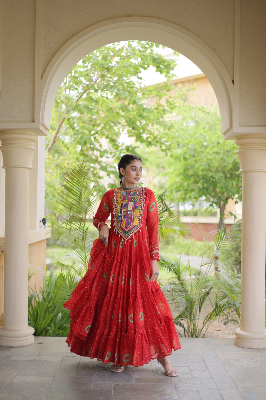 Navratri Special Bandhani Print Gown with Kutchi Patchwork