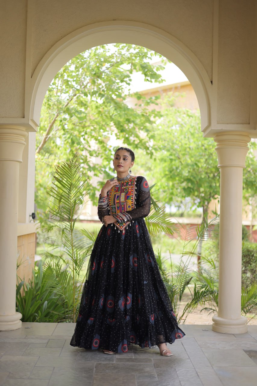 Navratri Special Bandhani Print Gown with Kutchi Patchwork