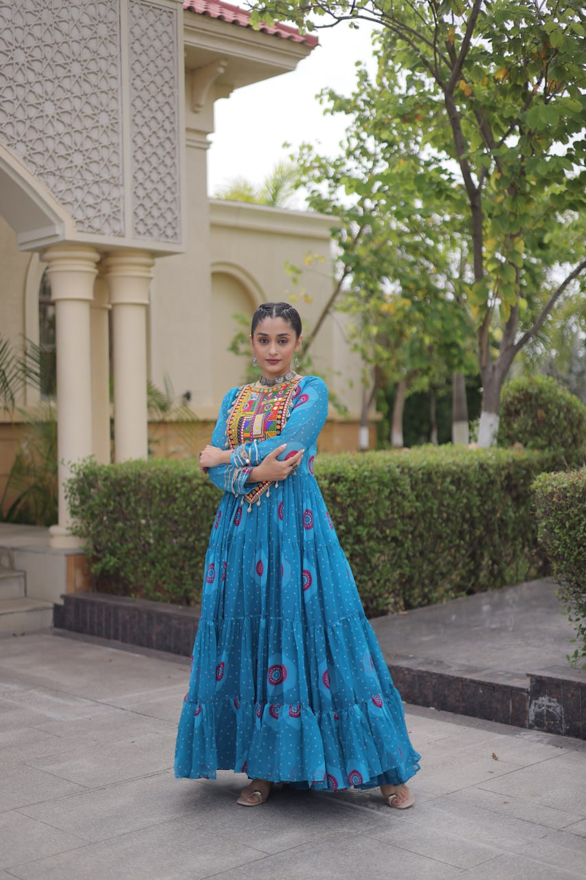 Navratri Special Bandhani Print Gown with Kutchi Patchwork