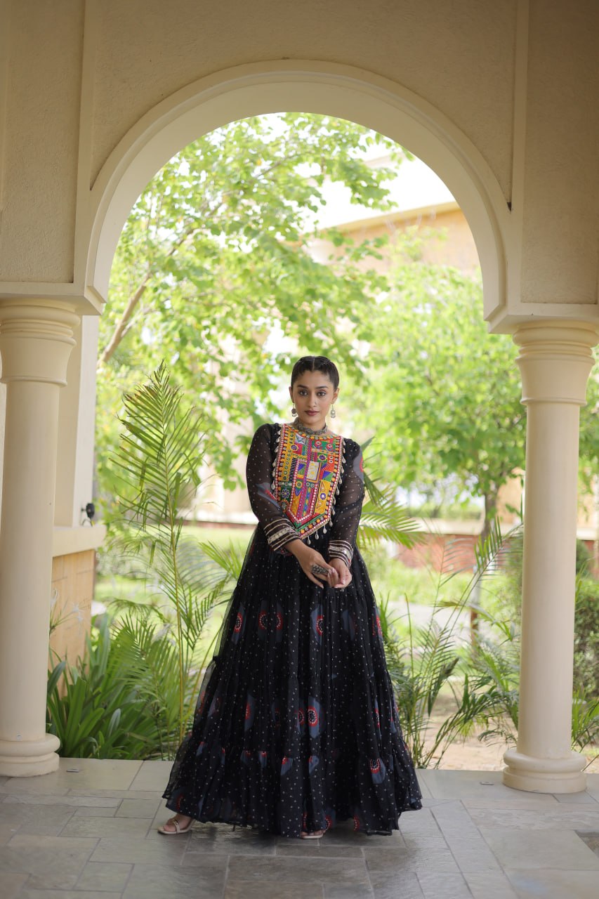 Navratri Special Bandhani Print Gown with Kutchi Patchwork
