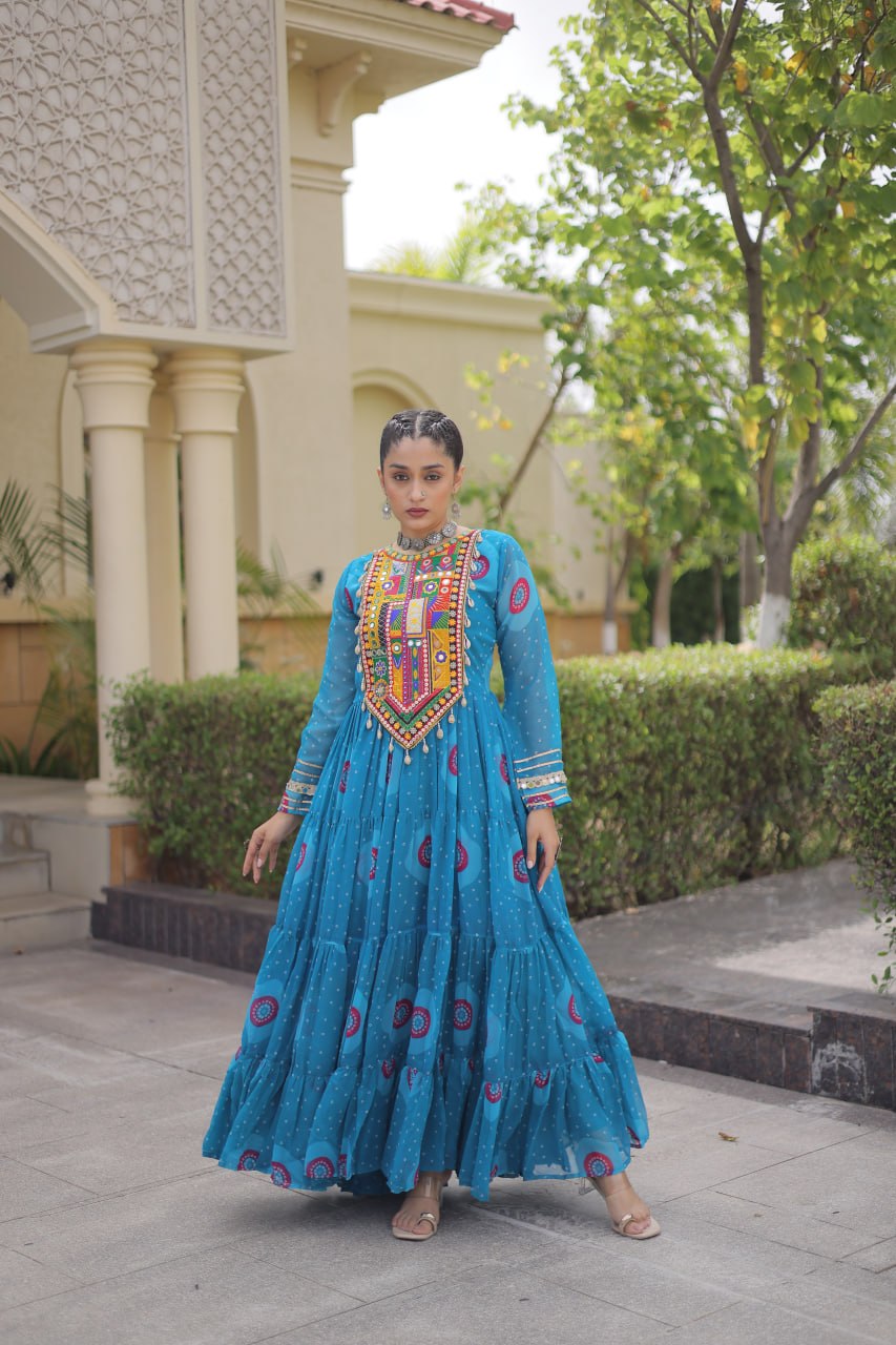 Navratri Special Bandhani Print Gown with Kutchi Patchwork