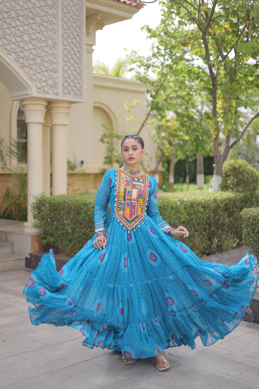 Navratri Special Bandhani Print Gown with Kutchi Patchwork