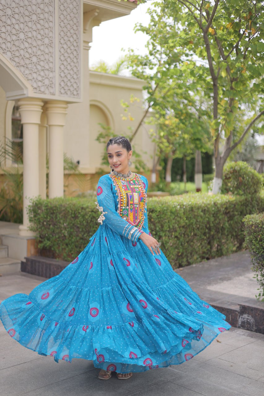 Navratri Special Bandhani Print Gown with Kutchi Patchwork