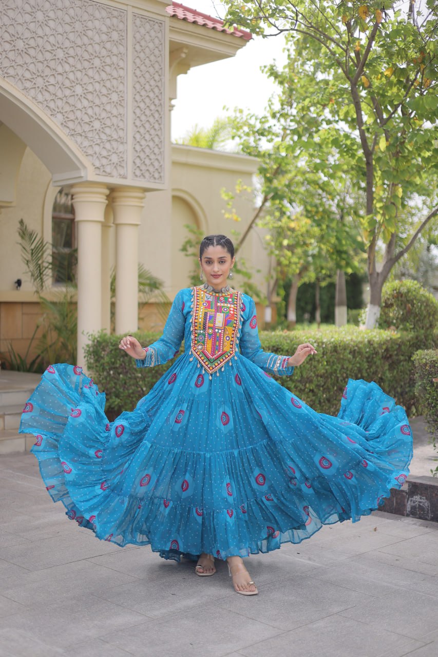 Navratri Special Bandhani Print Gown with Kutchi Patchwork