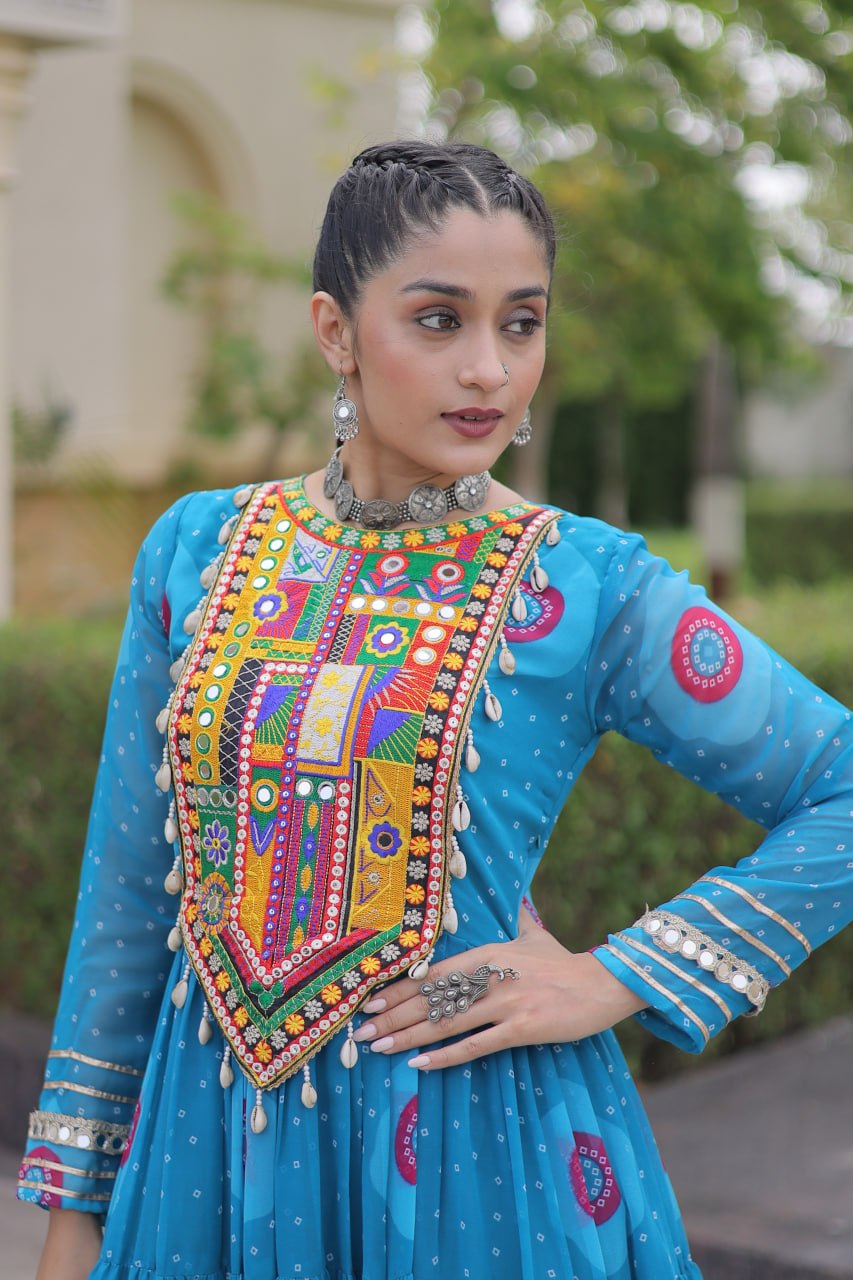 Navratri Special Bandhani Print Gown with Kutchi Patchwork