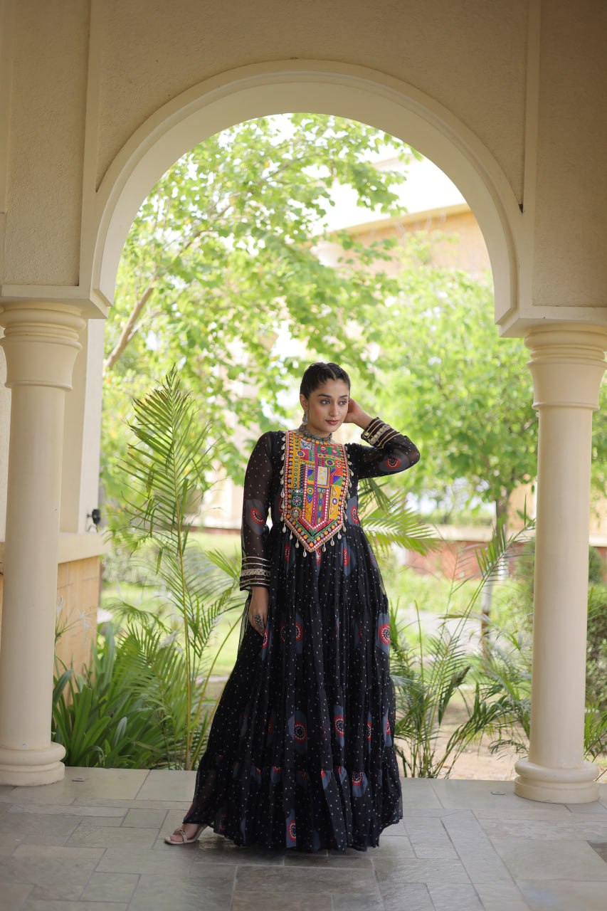Navratri Special Bandhani Print Gown with Kutchi Patchwork
