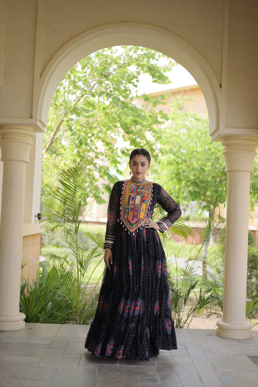 Navratri Special Bandhani Print Gown with Kutchi Patchwork