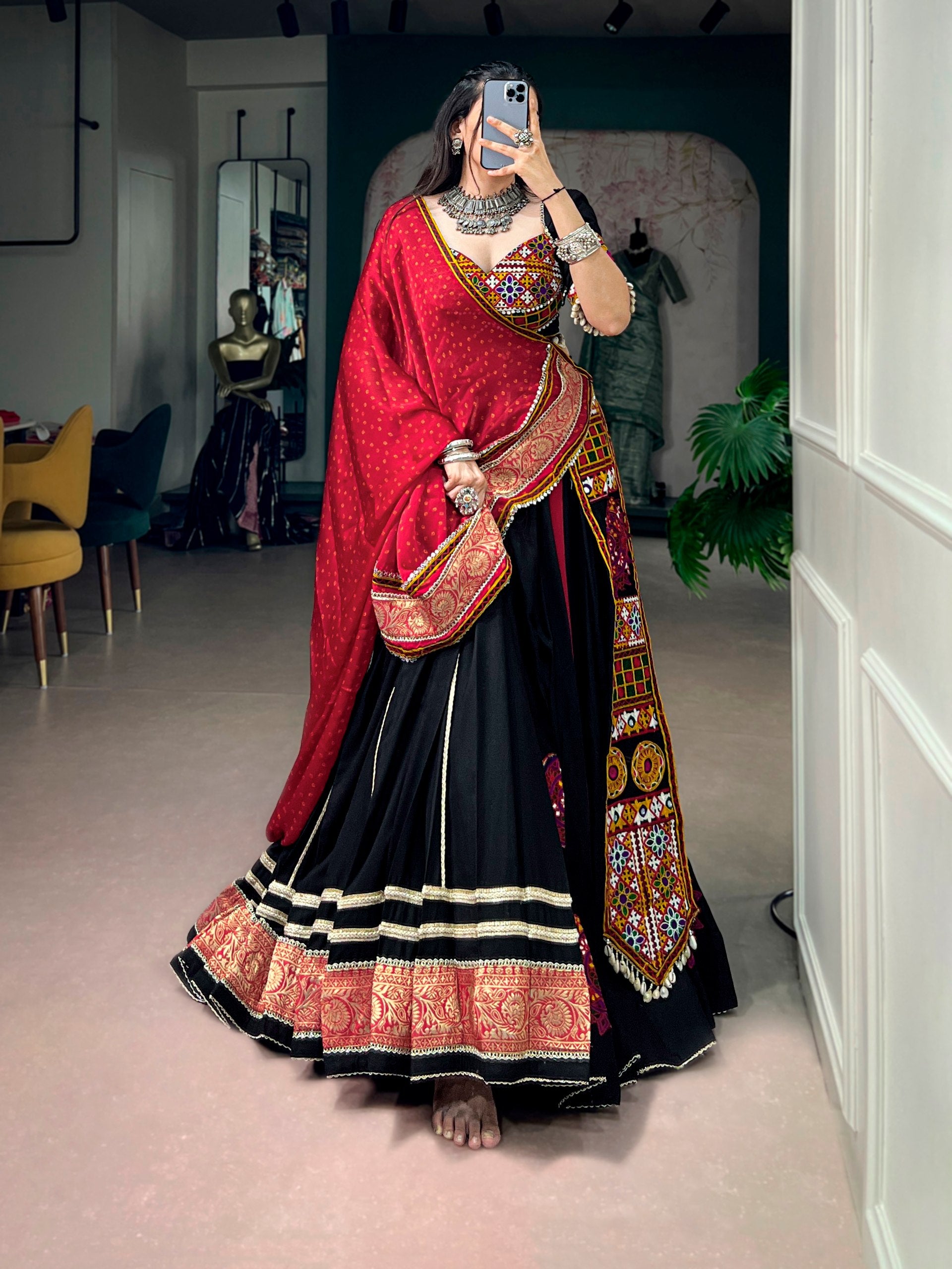 Black Navratri Special Black Rayon Lehenga Choli with Kutchi Embroidery