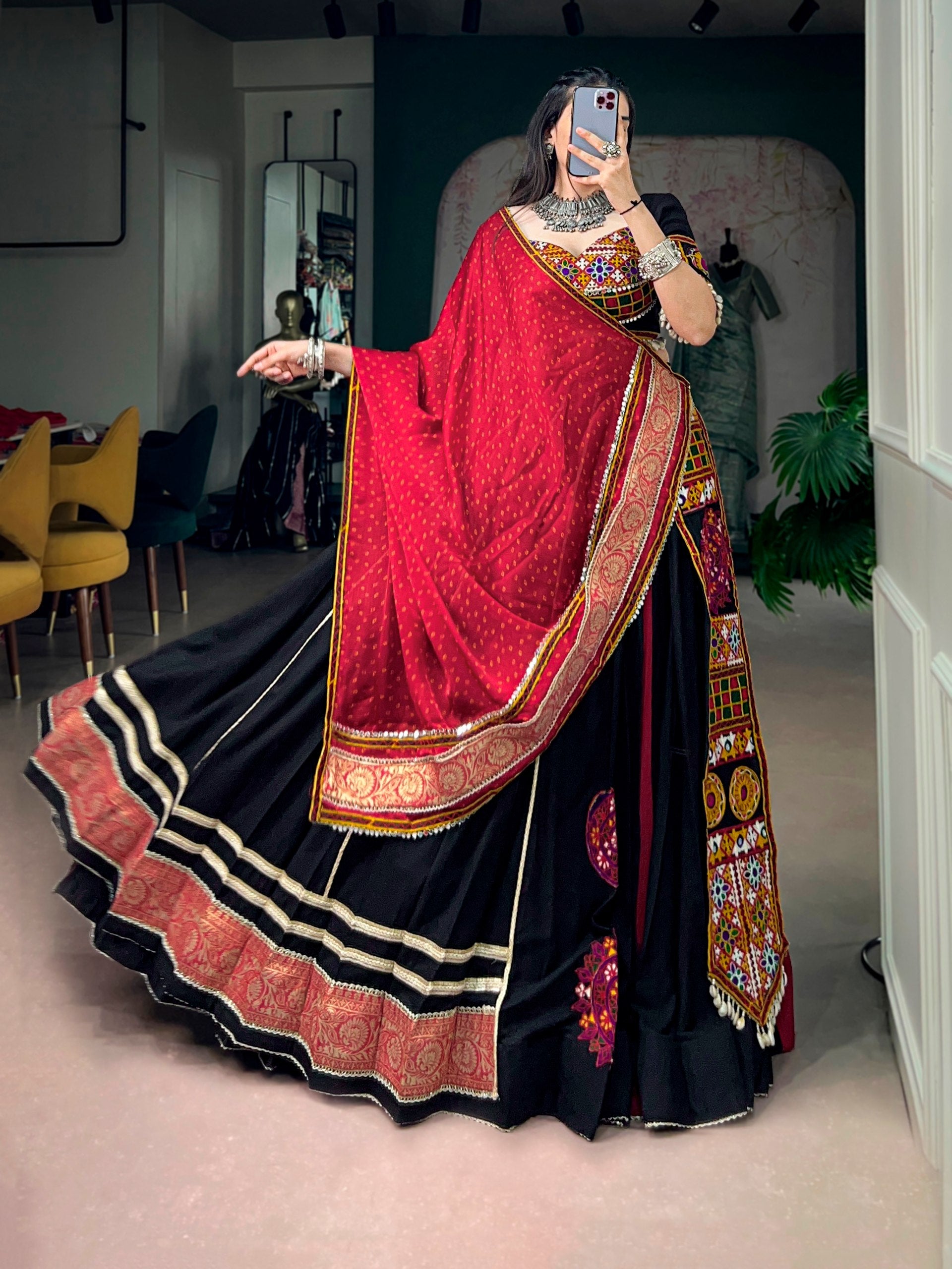 Black Navratri Special Black Rayon Lehenga Choli with Kutchi Embroidery