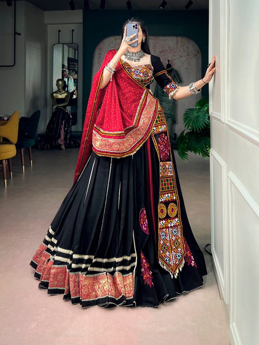 Black Navratri Special Black Rayon Lehenga Choli with Kutchi Embroidery