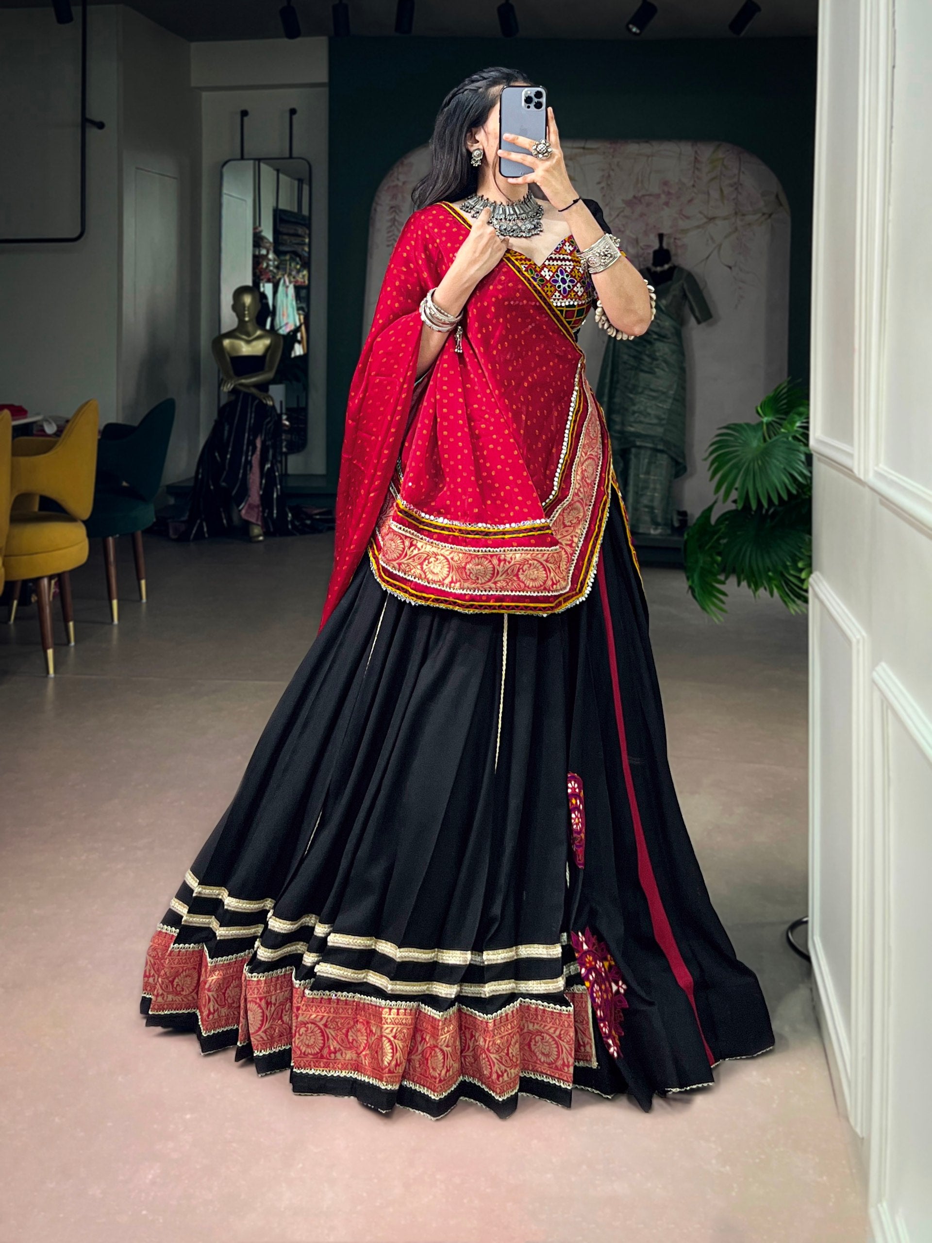 Black Navratri Special Black Rayon Lehenga Choli with Kutchi Embroidery