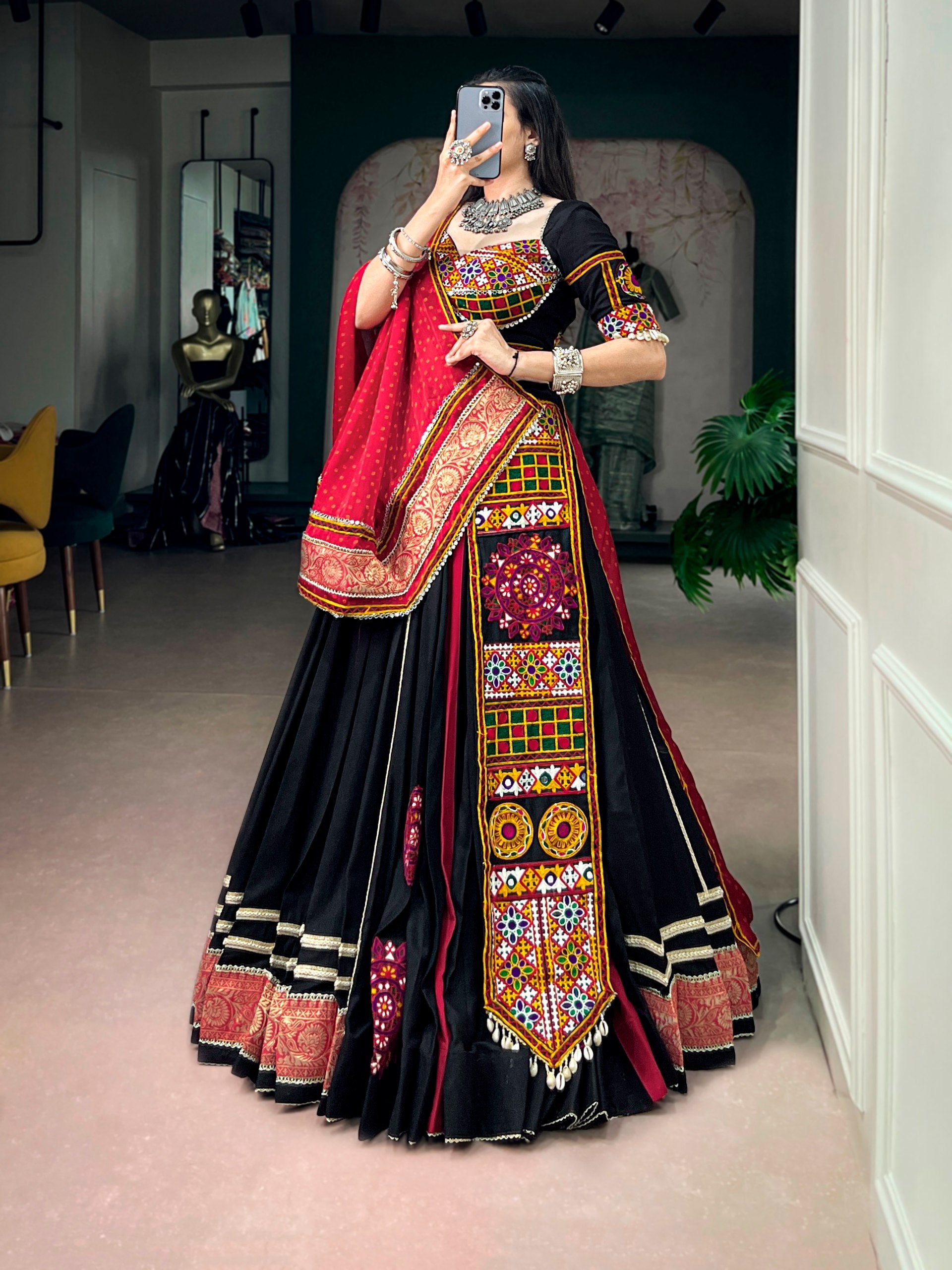 Black Navratri Special Black Rayon Lehenga Choli with Kutchi Embroidery