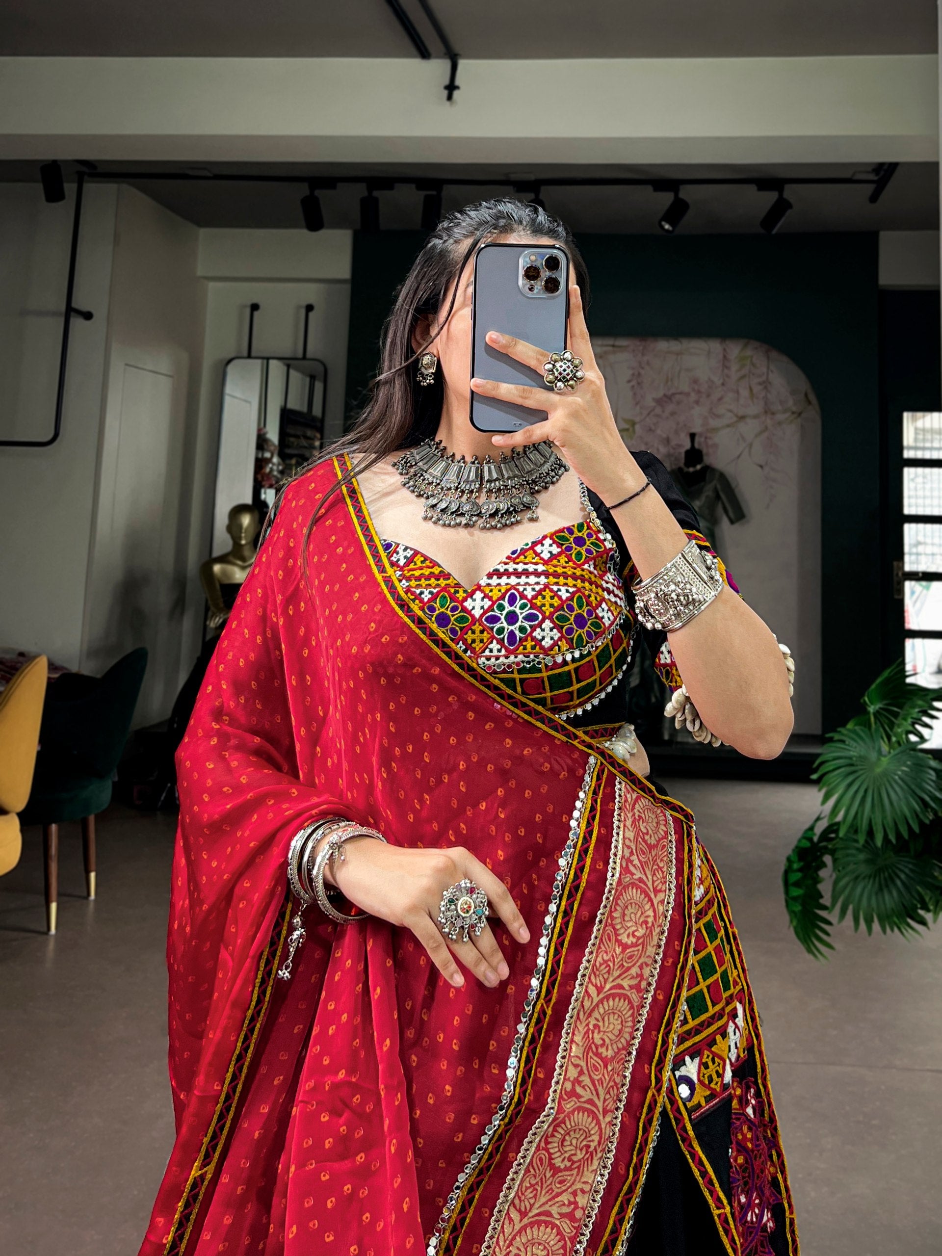 Black Navratri Special Black Rayon Lehenga Choli with Kutchi Embroidery