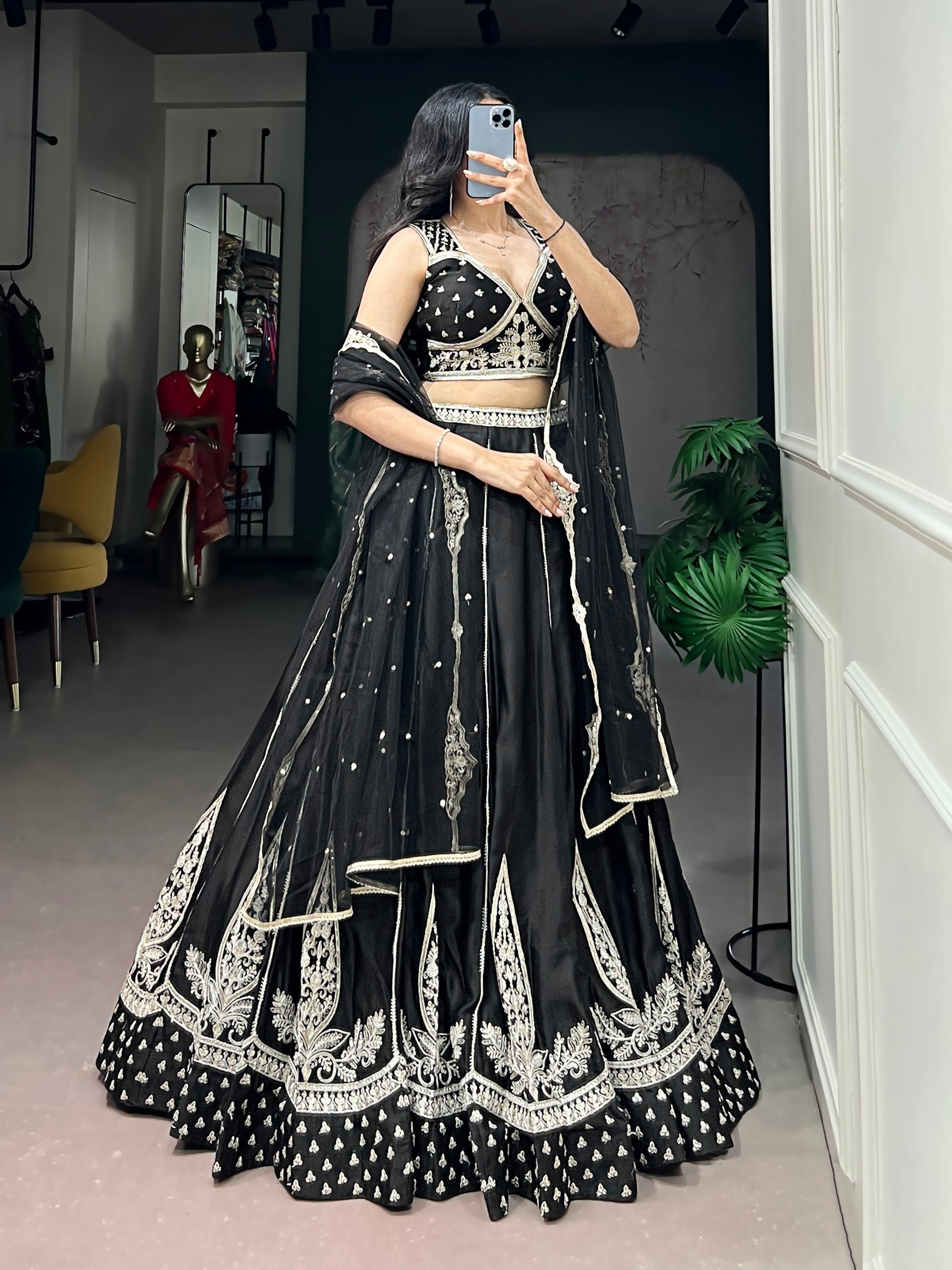 Black Naysha Silk Embroidered Lehenga Choli