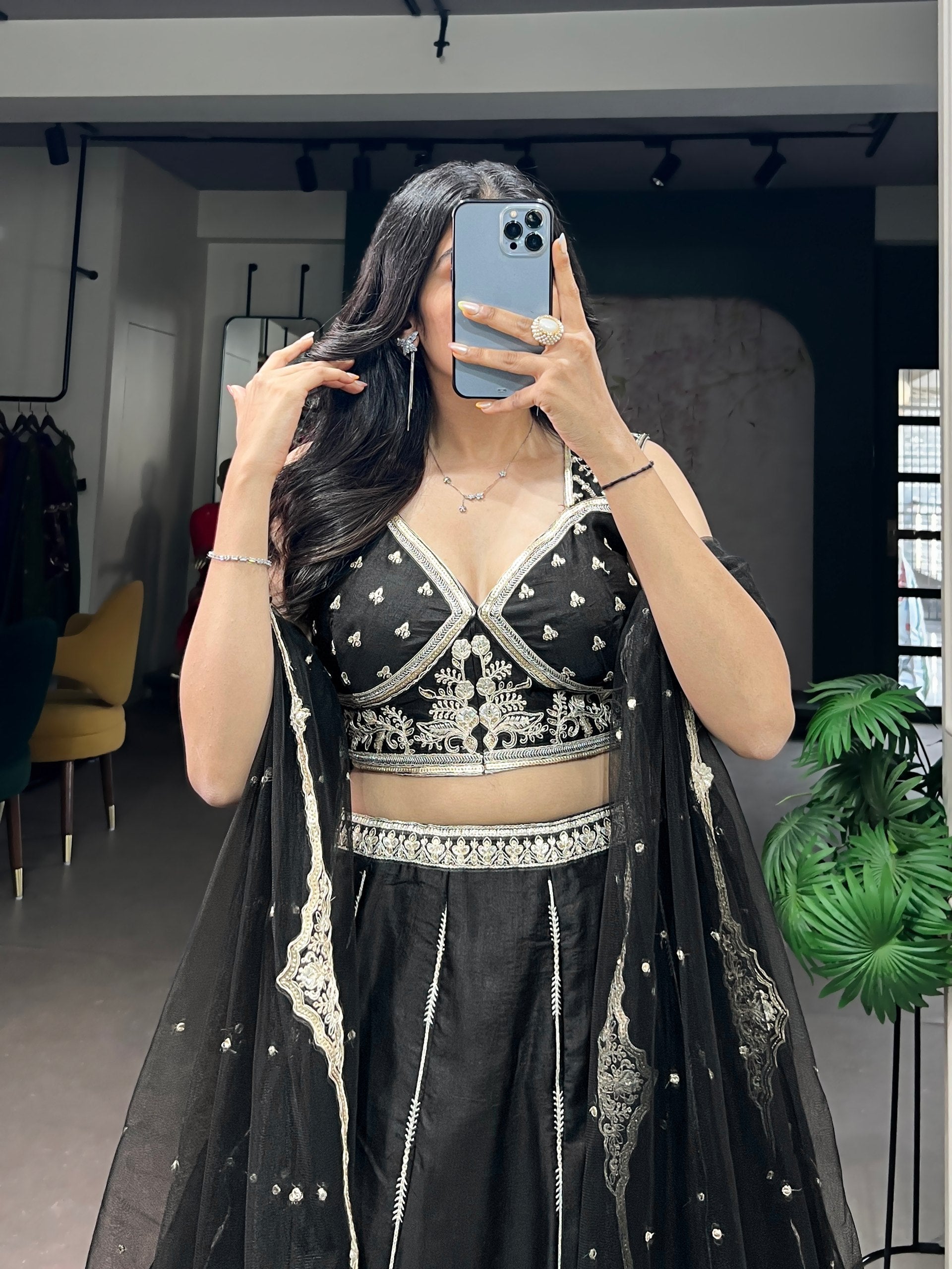 Black Naysha Silk Embroidered Lehenga Choli
