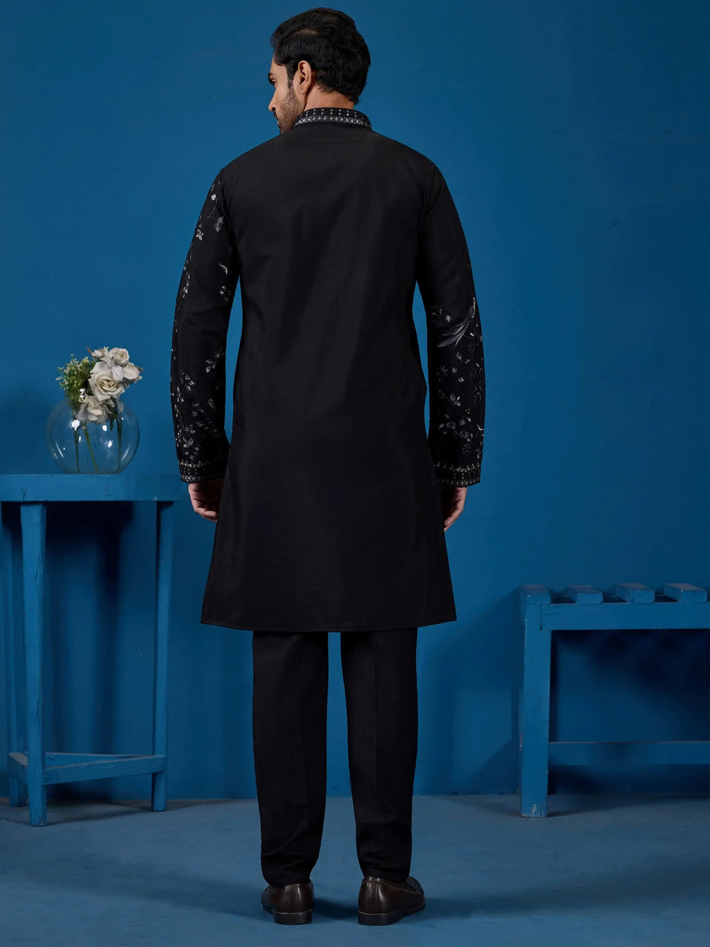 Stunning Black Thread Embroidered Silk Wedding Wear Men Kurta
