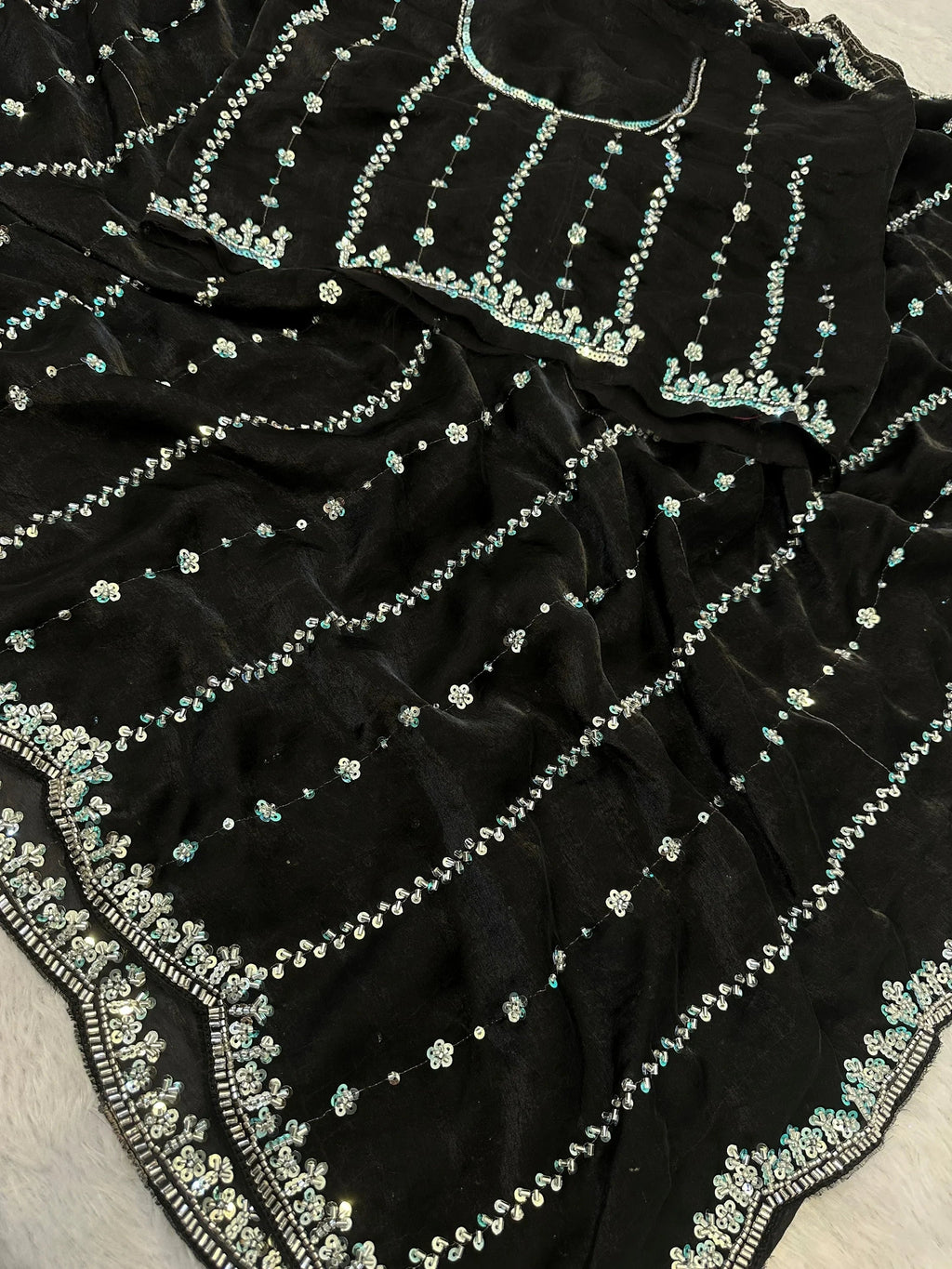 Black Captivating Beads Work Satin Party Wear Saree With Blouse