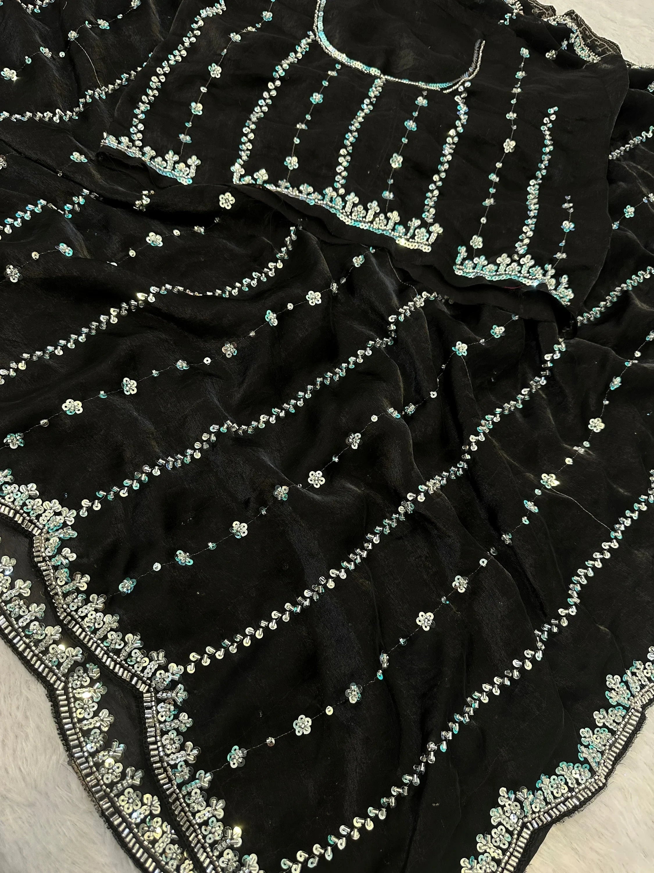Black Captivating Beads Work Satin Party Wear Saree With Blouse