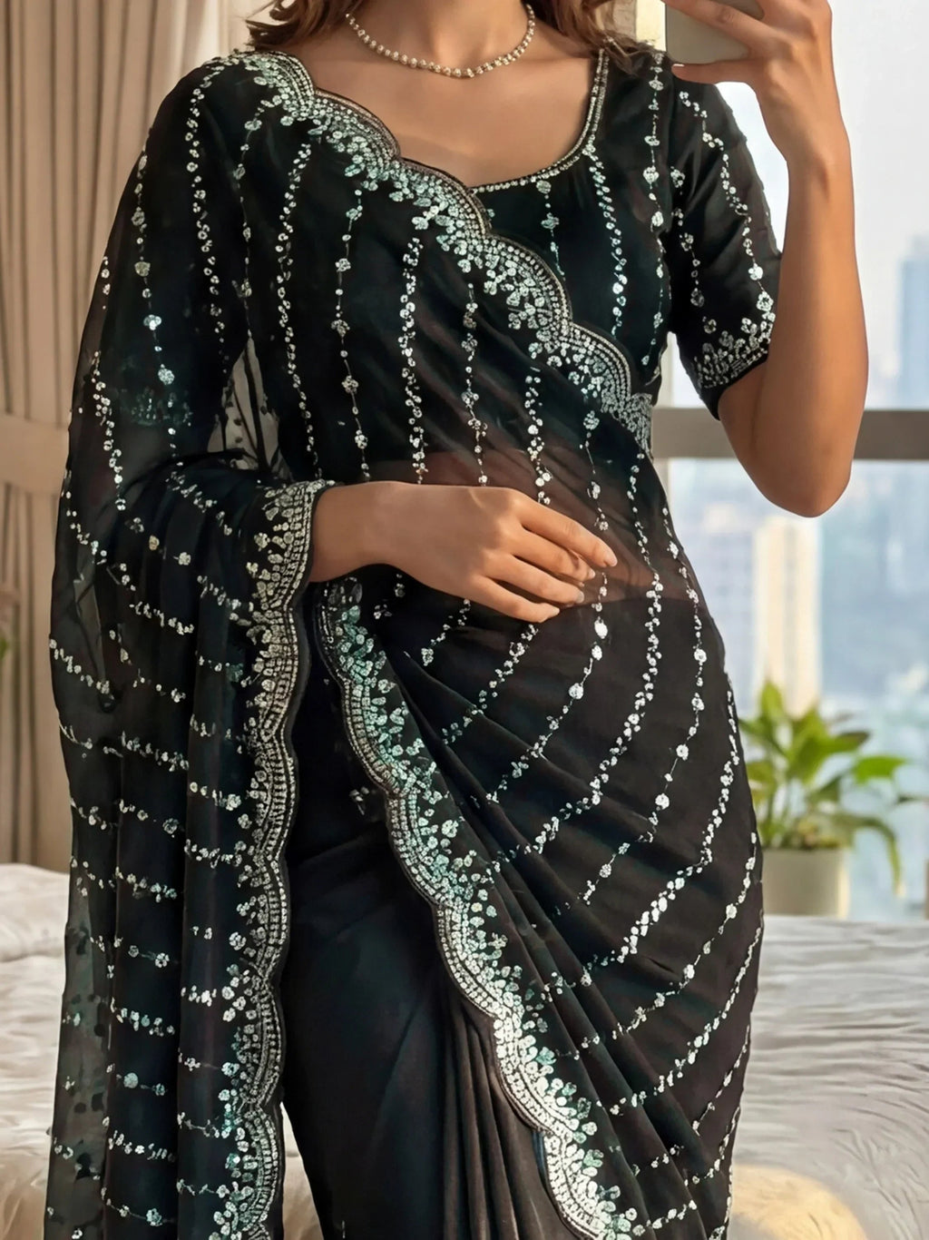 Black Captivating Beads Work Satin Party Wear Saree With Blouse