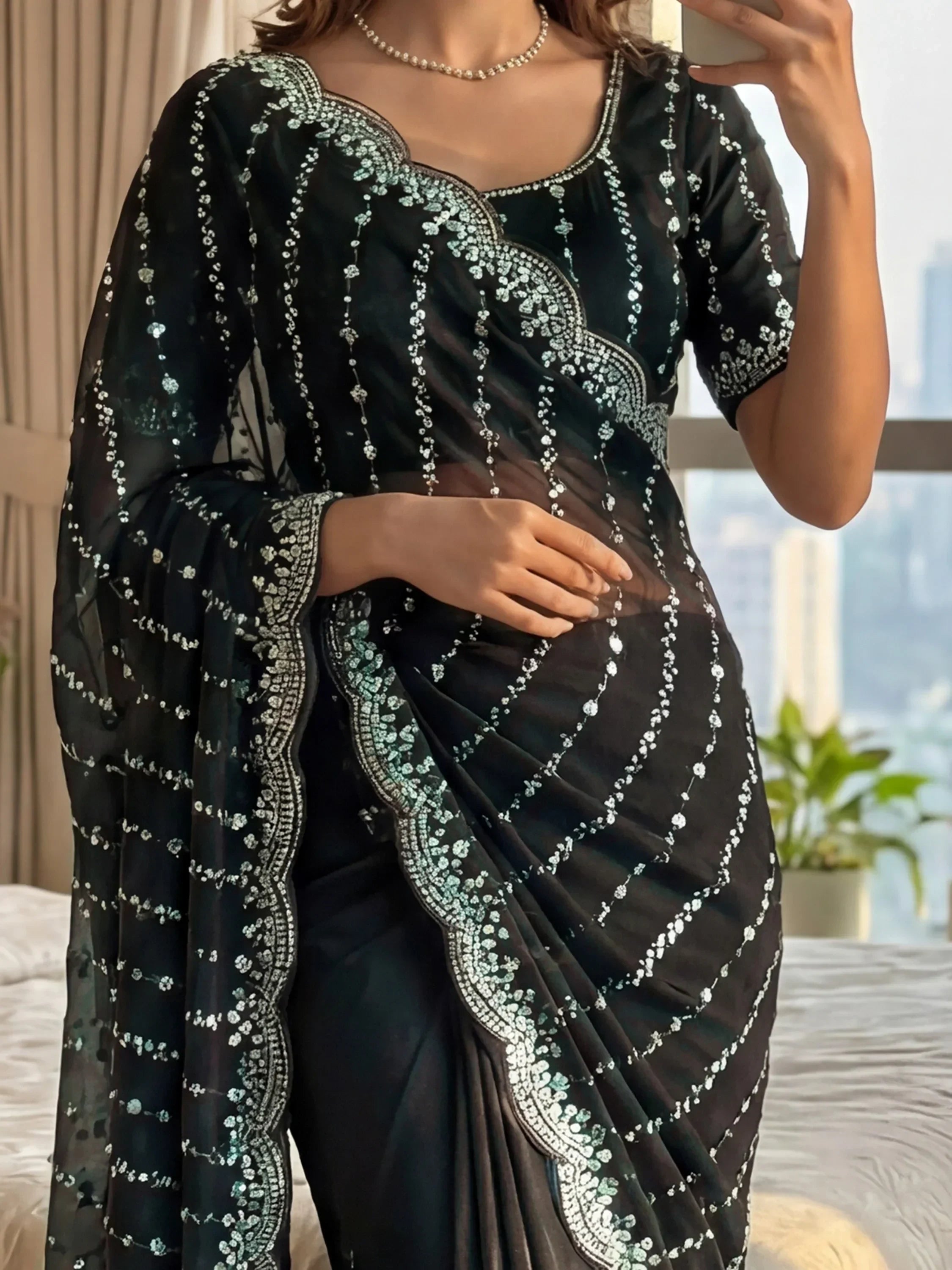 Black Captivating Beads Work Satin Party Wear Saree With Blouse