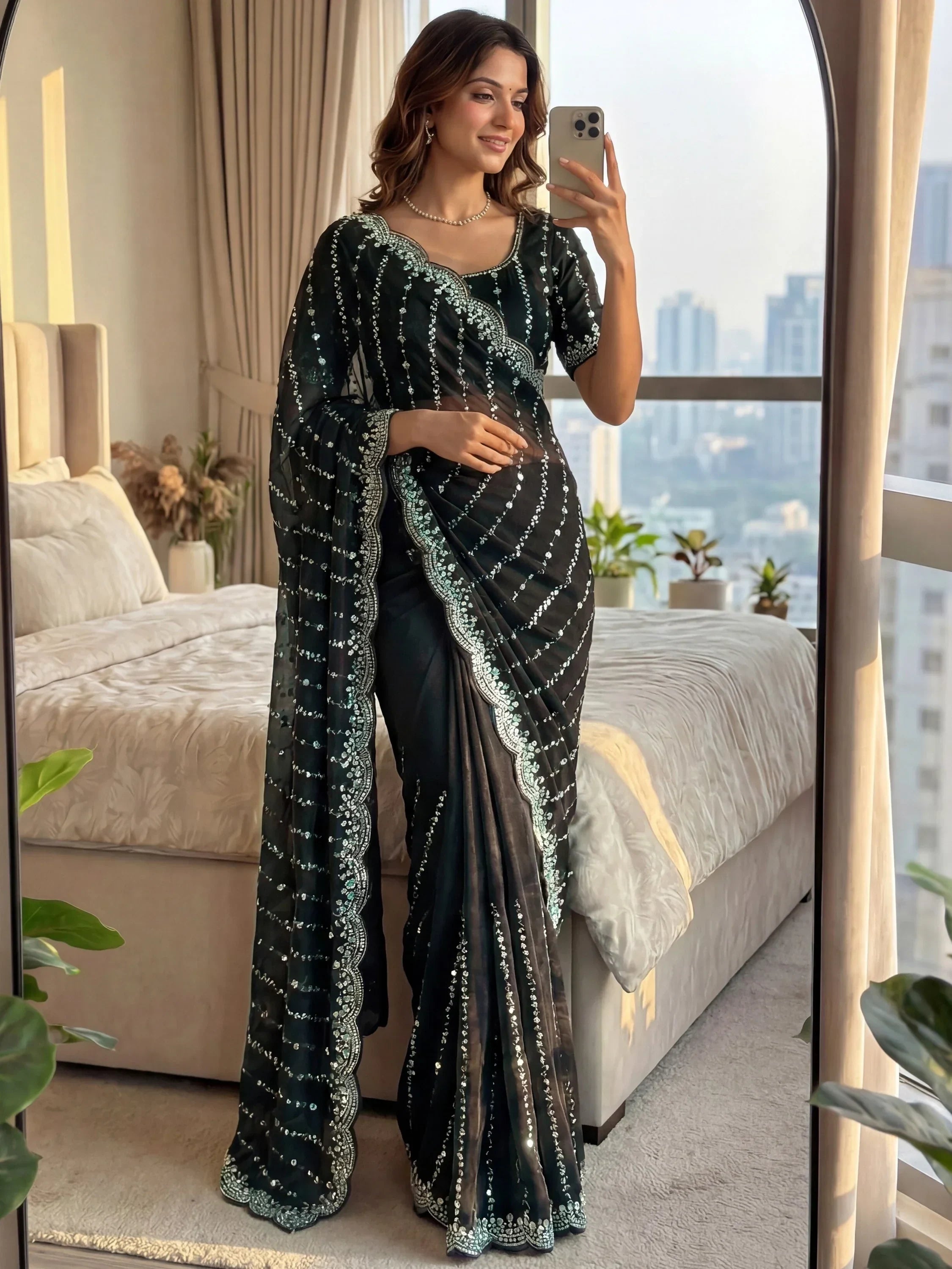 Black Captivating Beads Work Satin Party Wear Saree With Blouse