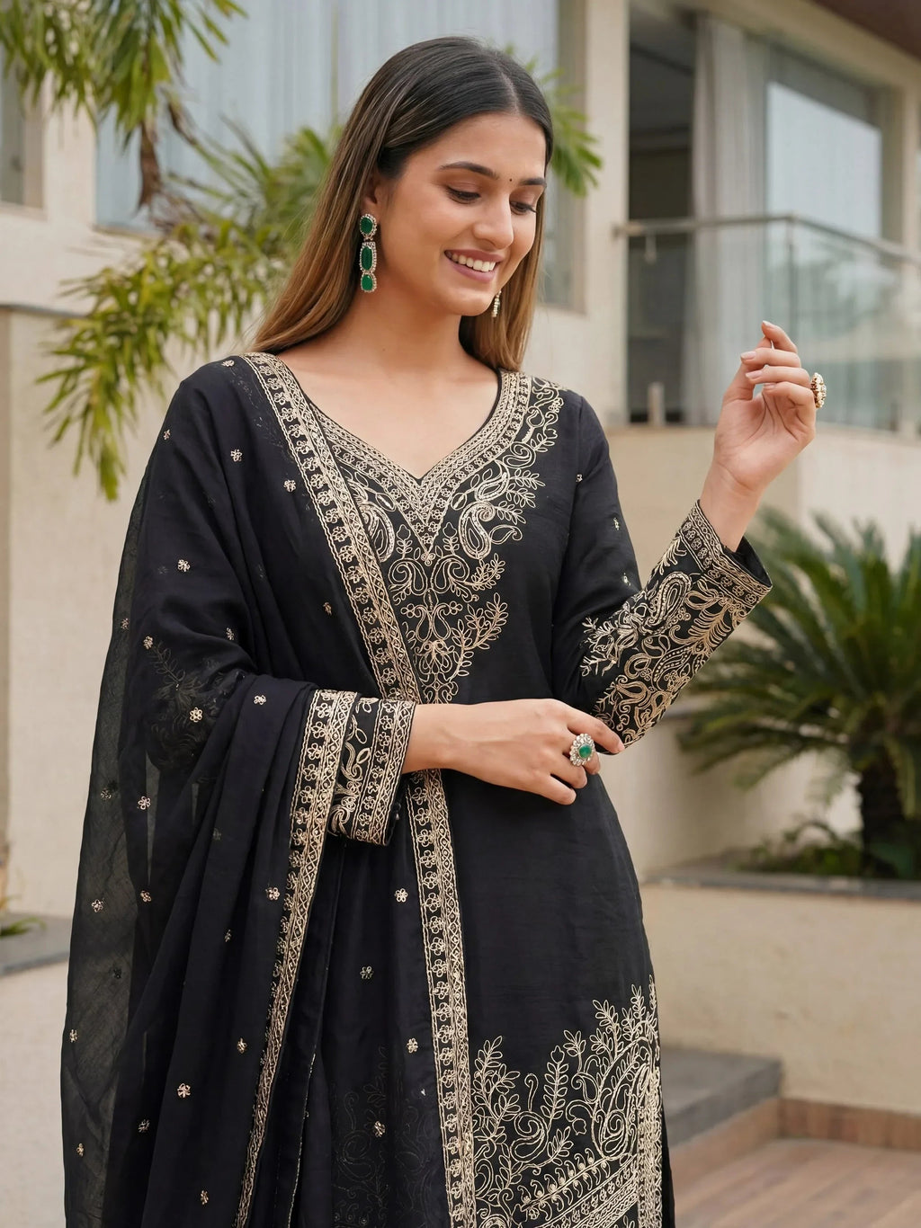 Black Incredible Embroidered Chinon Festival Wear Palazzo Suit