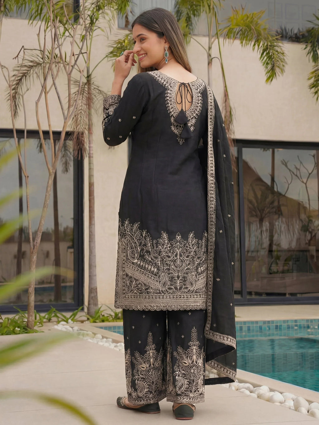 Black Incredible Embroidered Chinon Festival Wear Palazzo Suit