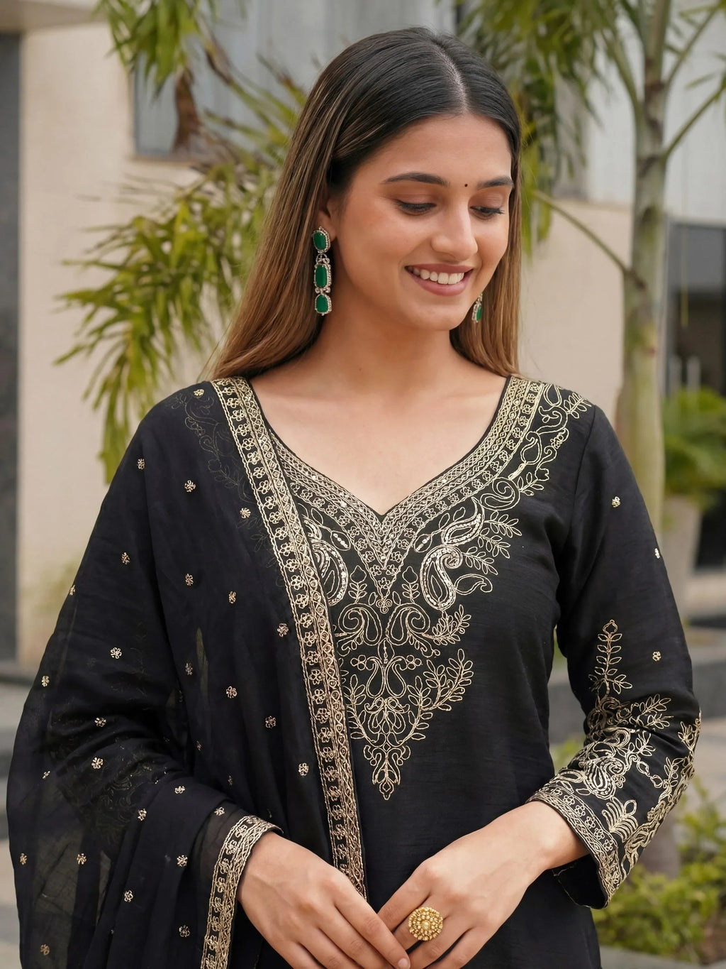 Black Incredible Embroidered Chinon Festival Wear Palazzo Suit