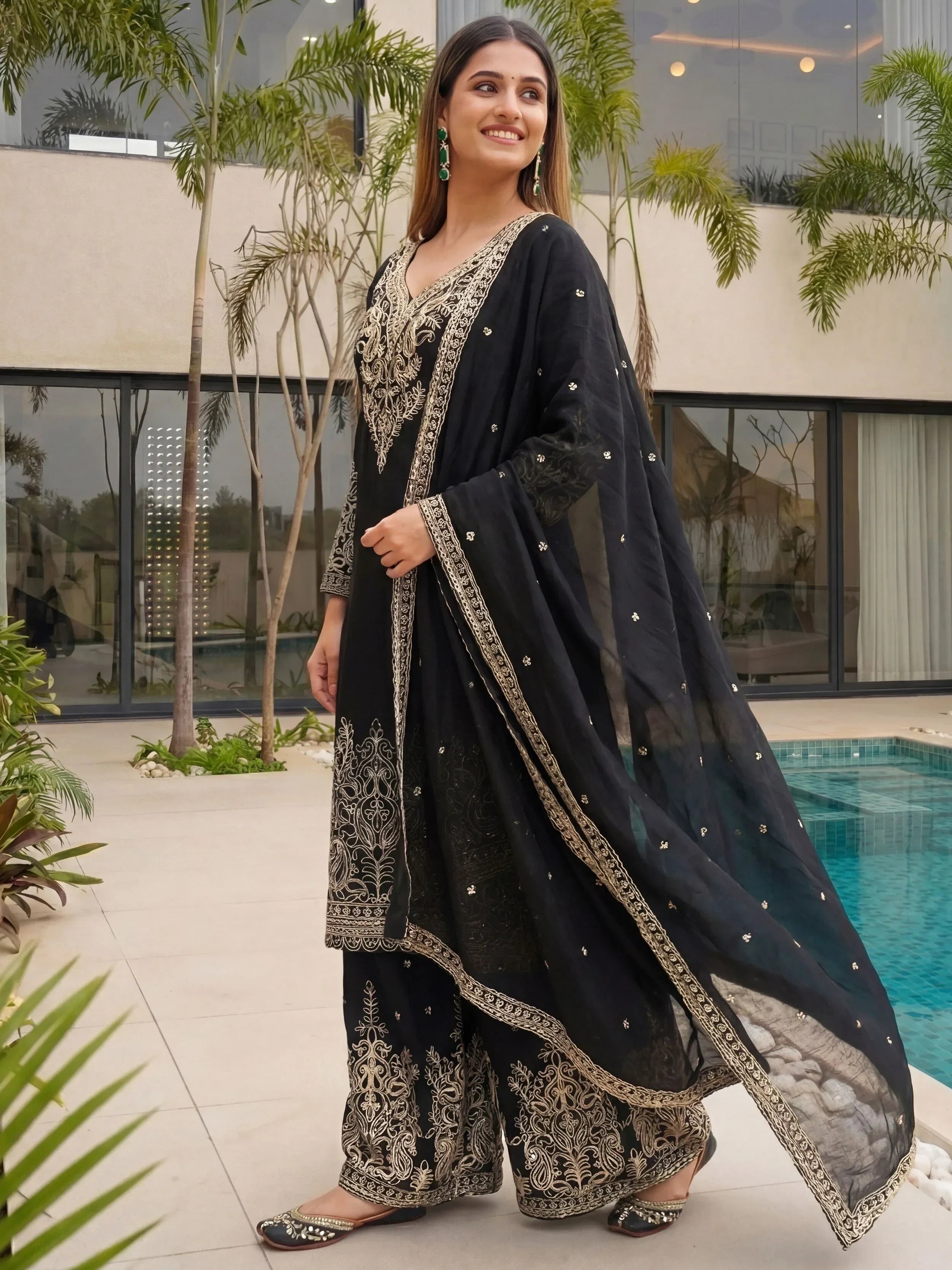Black Incredible Embroidered Chinon Festival Wear Palazzo Suit
