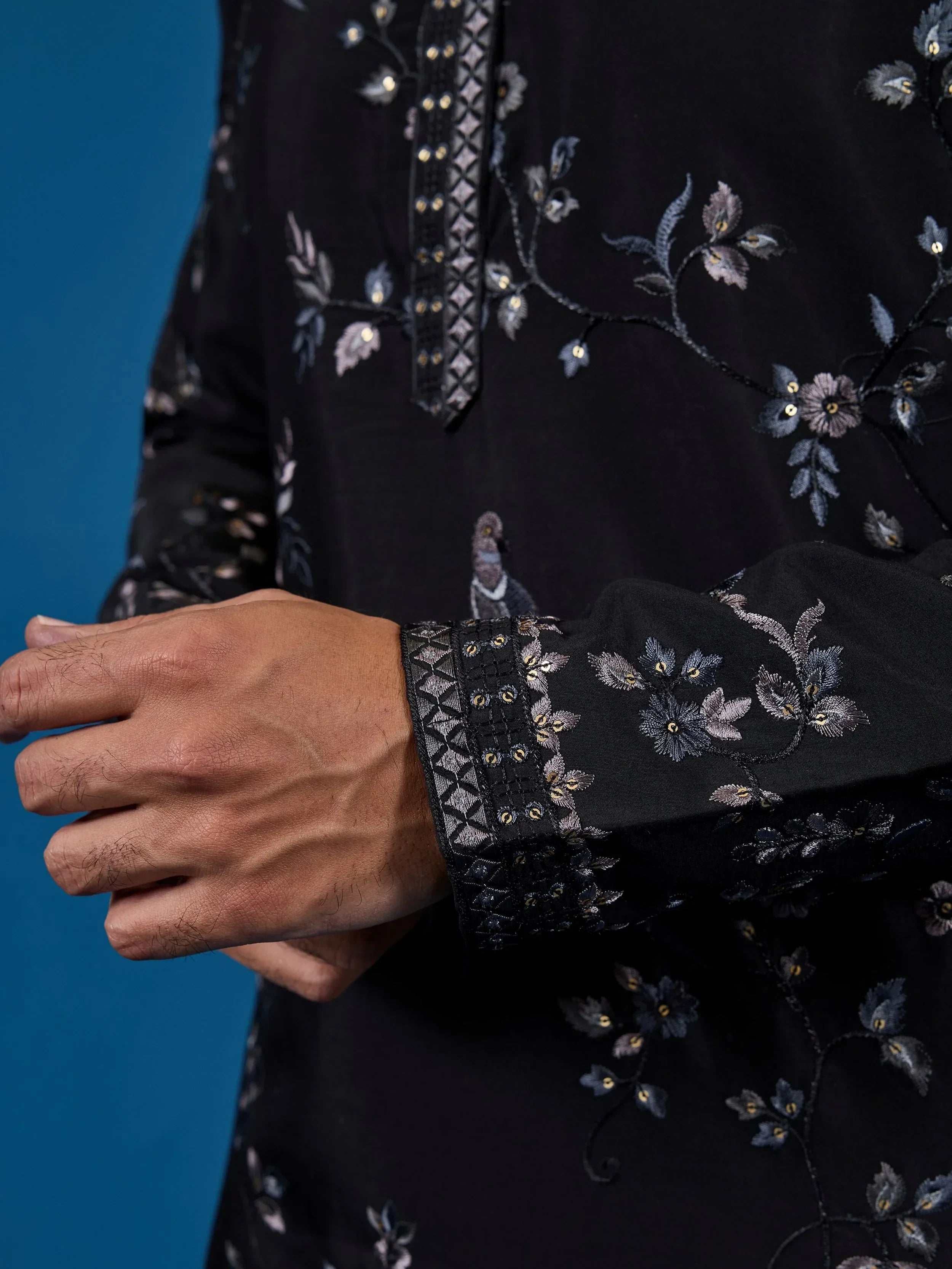 Stunning Black Thread Embroidered Silk Wedding Wear Men Kurta