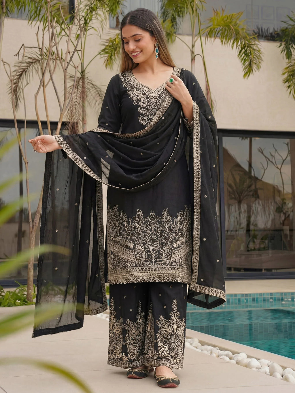 Black Incredible Embroidered Chinon Festival Wear Palazzo Suit