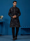 Stunning Black Thread Embroidered Silk Wedding Wear Men Kurta