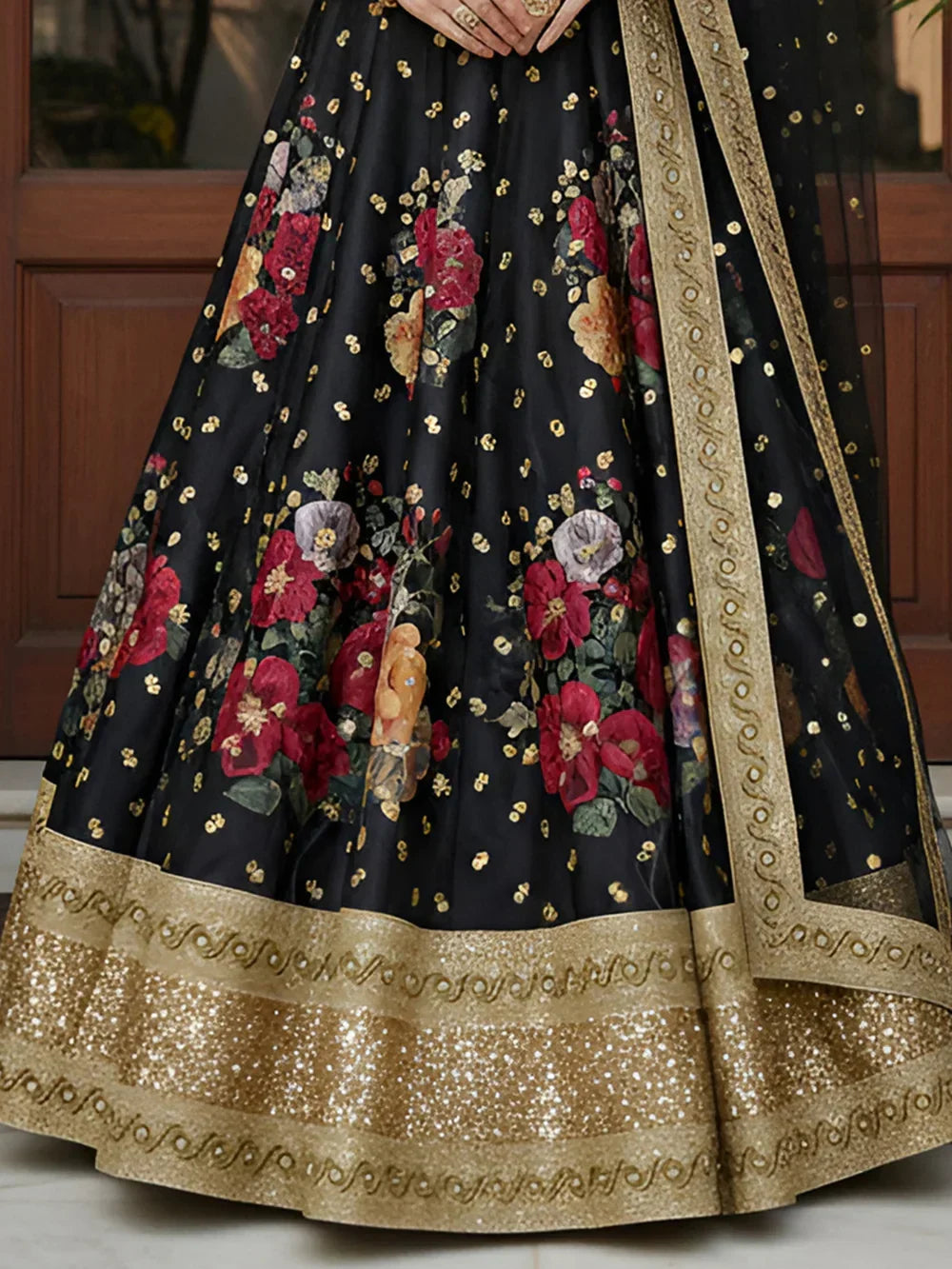 Lovable Black Floral Printed Silk Reception Wear Lehenga Choli With Dupatta