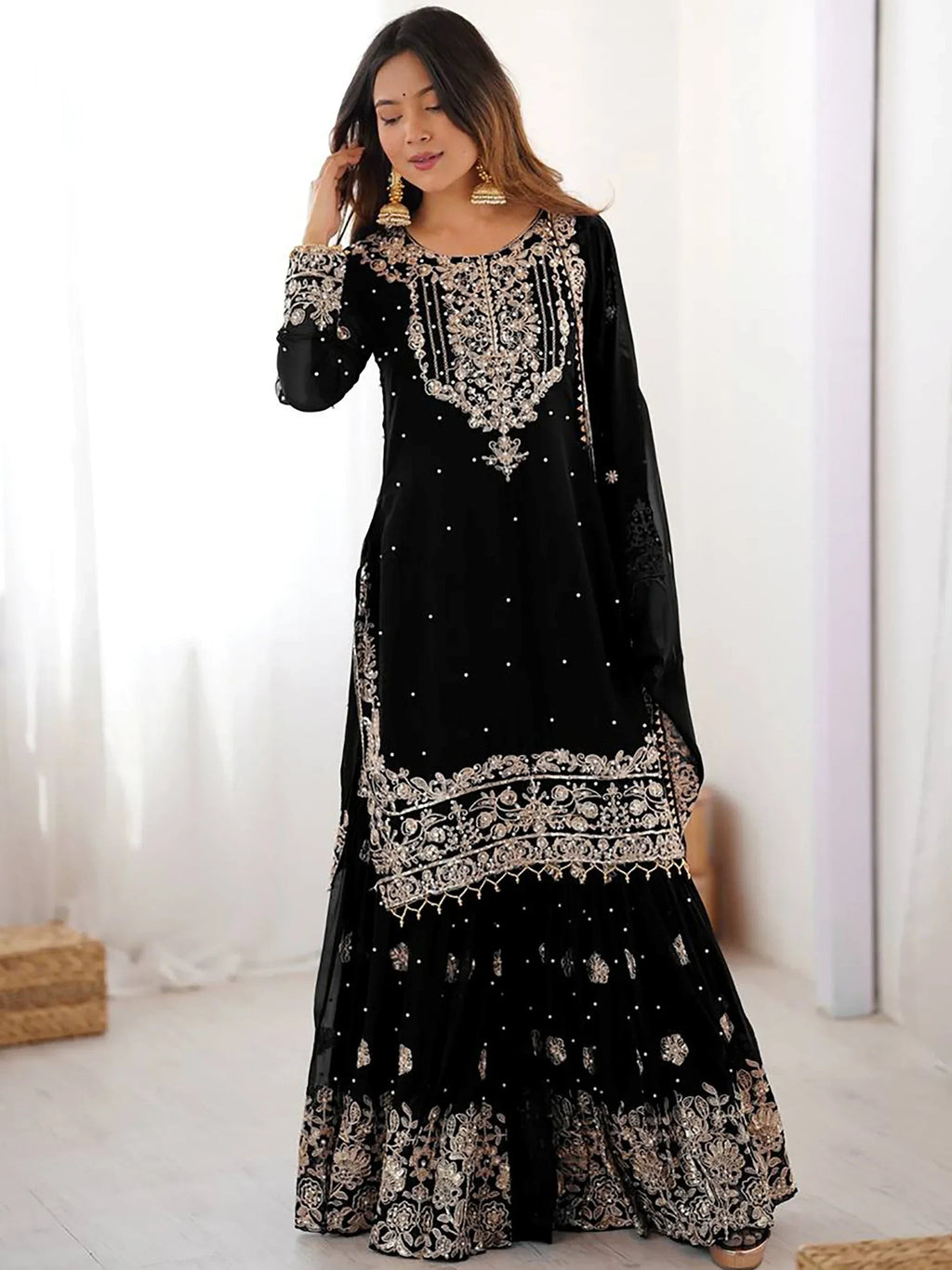 Black Attractive Embroidered Georgette Festival Wear Sharara Suit