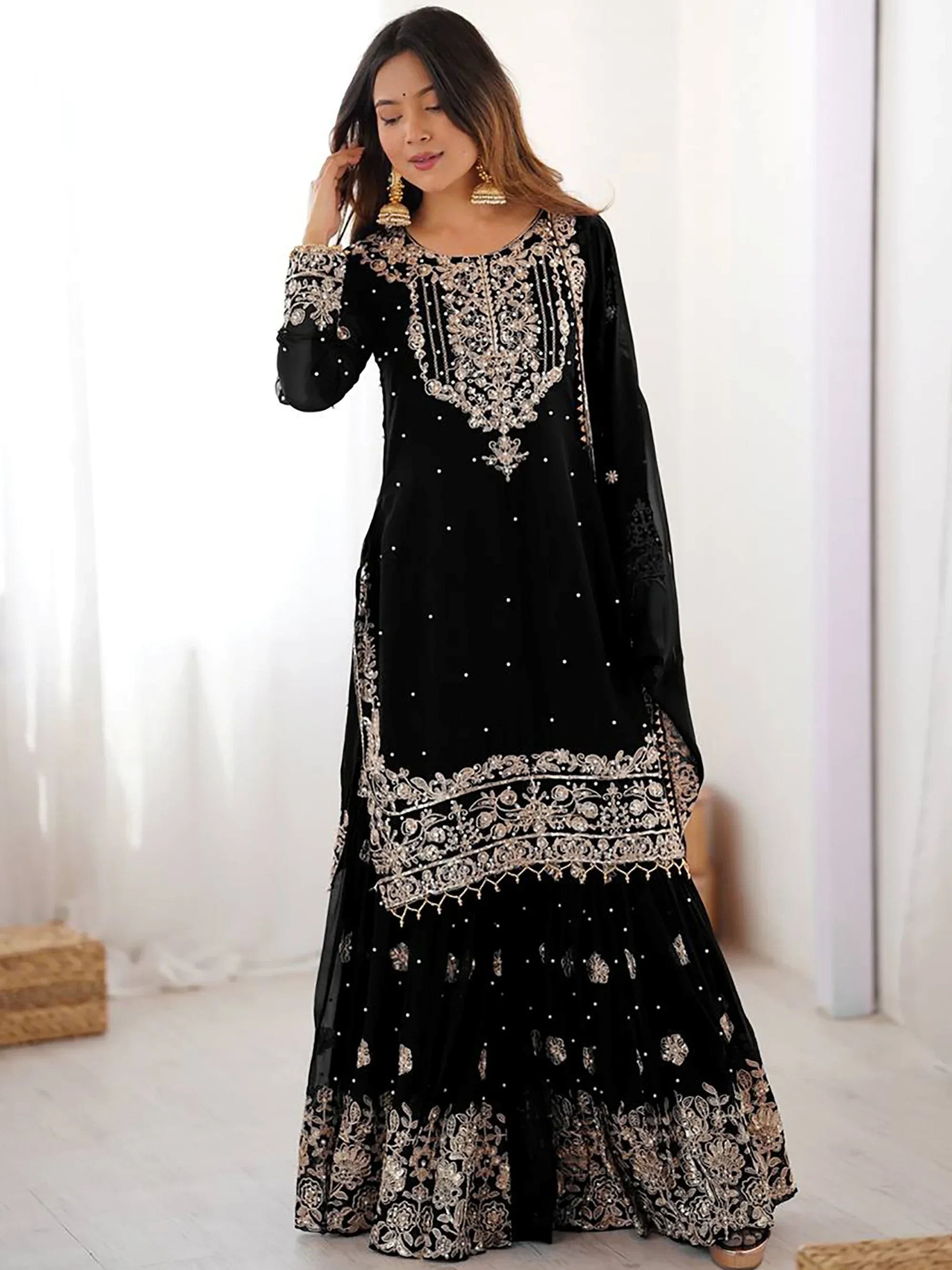 Black Attractive Embroidered Georgette Festival Wear Sharara Suit