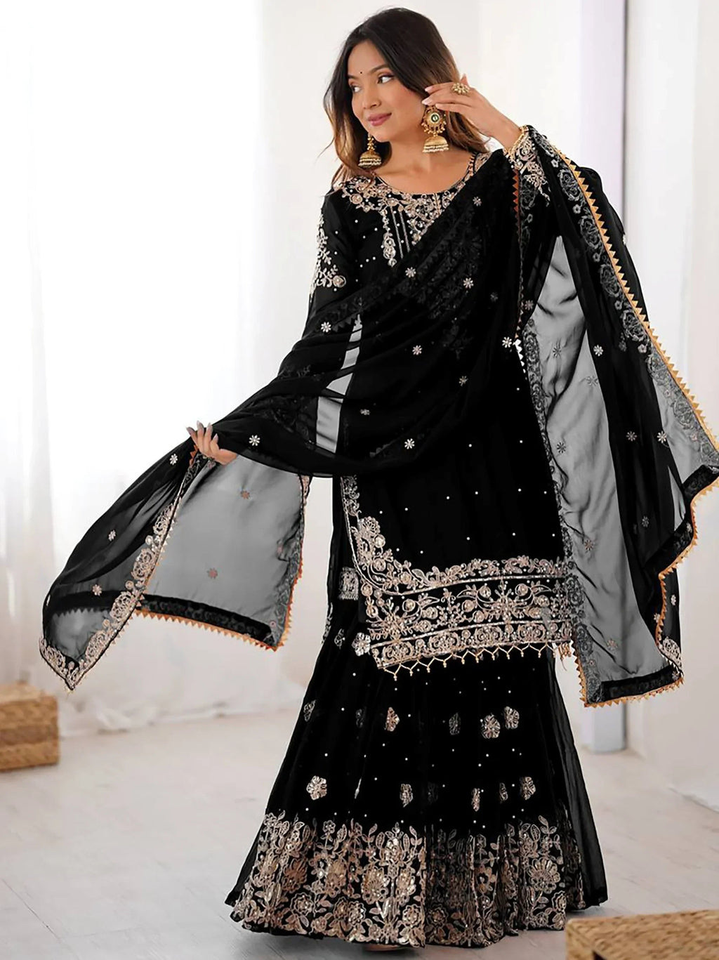 Black Attractive Embroidered Georgette Festival Wear Sharara Suit
